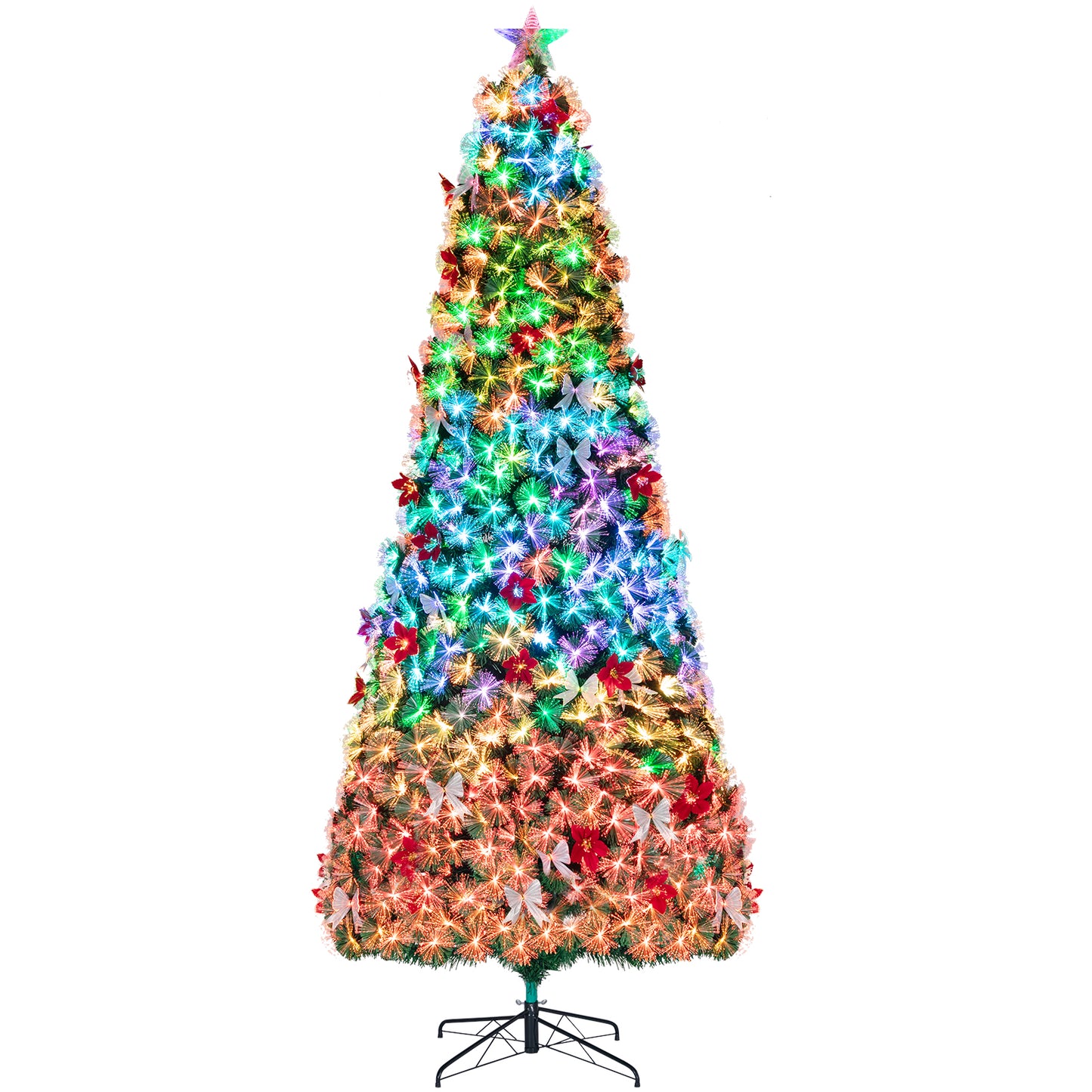 LAZY BUDDY Pre-Lit Christmas Trees, Fiber Optic Slim Pencil Xmas Tre with LED Lights, Top Star Light, Artificial Flowers, Foldable Metal Stand