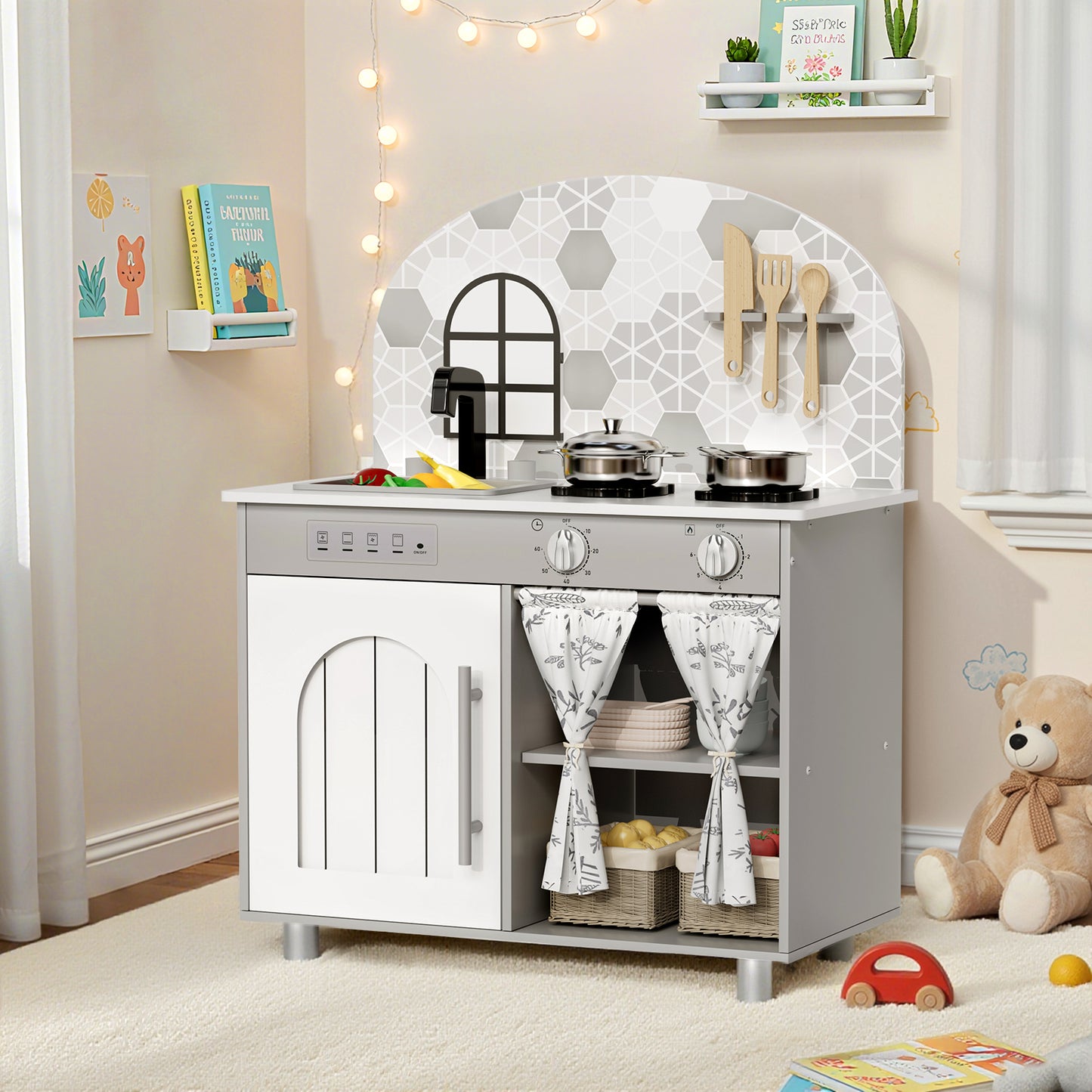 LAZY BUDDY Kids Kitchen Playset, Wooden Pretend Play Kitchen Toddler Interactive Toy with 5 Accessories