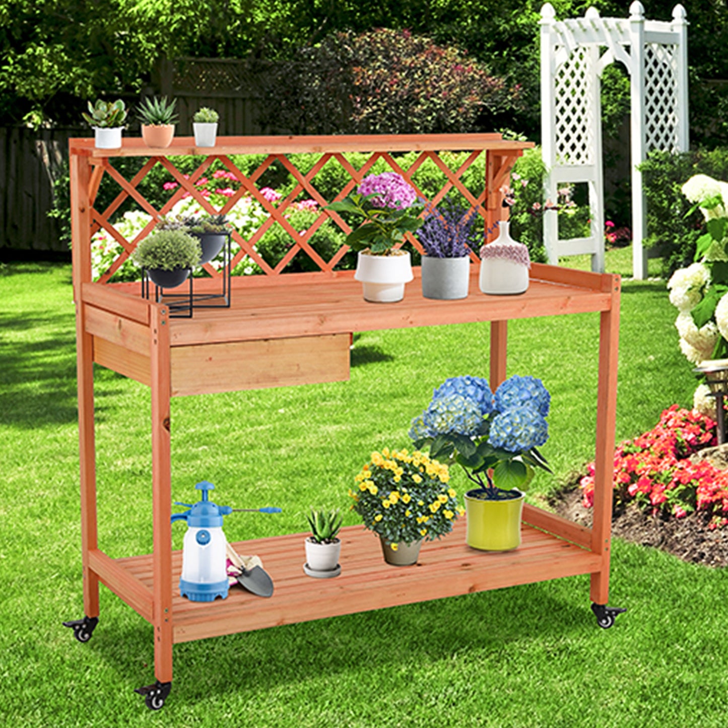 LAZY BUDDY Outdoor Potting Bench Wooden Workstation Gardening Table with 4 Wheels, Open Shelves, Cabinet Drawer