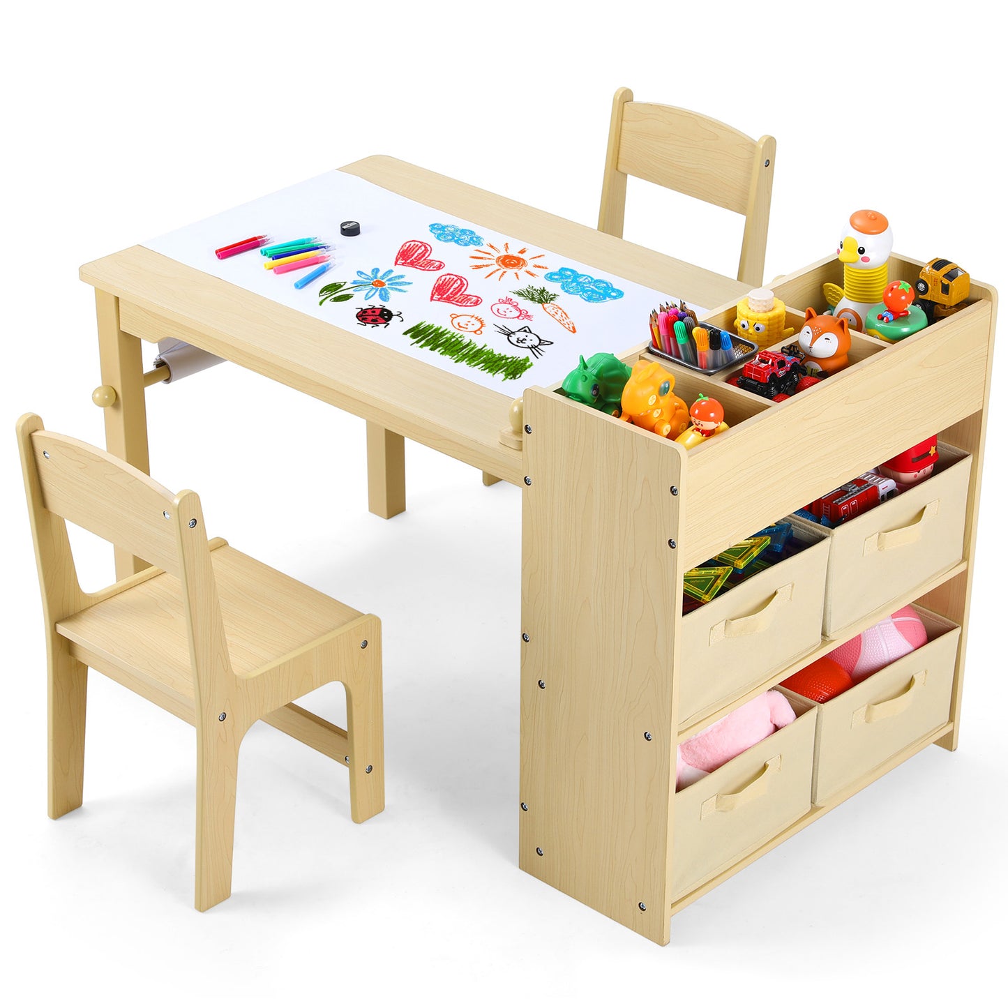 LAZY BUDDY Kids Table and 2 Chairs Set Wood with 4 Storage Shelves and Paper Roll Kids Activity and Study Table Furniture