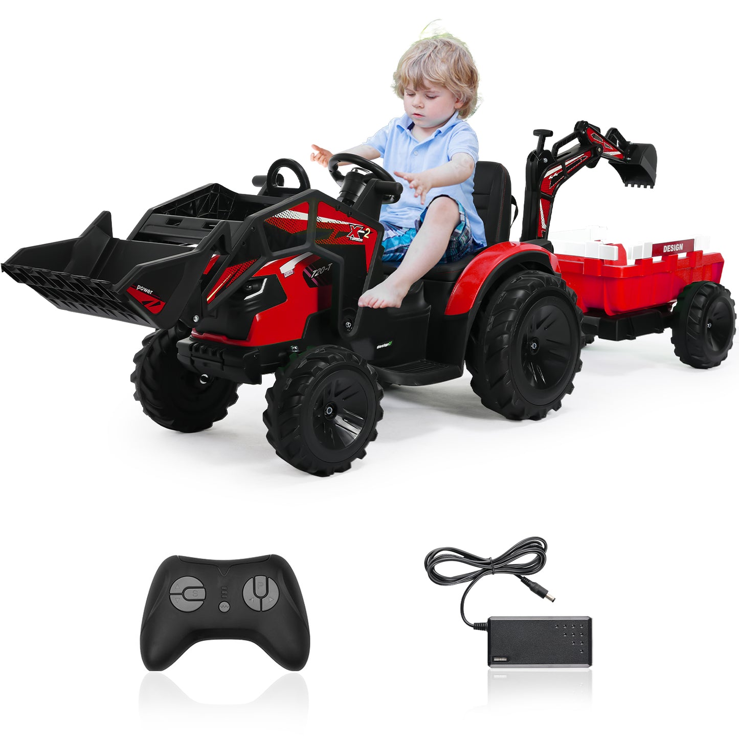 LAZY BUDDY 24V Kids Ride on Toy, 3 in 1 Toddler Electric Tractor, Excavator & Bulldozer w/Trailer, Digger, Shovel Bucket, Remote Control, EVA Tires, Xmas Gift for Kids