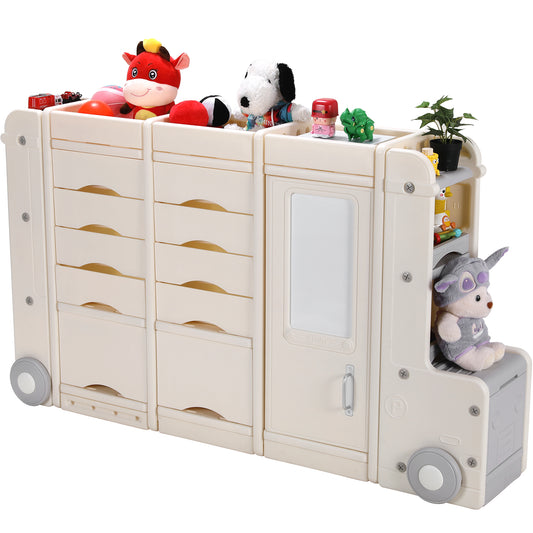 LAZY BUDDY Kids Toy Storage Organizer, Multipurpose Plastic Storage Cabinet with 10 Drawers 7 Shelves 2 Cabinets, Toddlers Toys Books Shelf with Car Design