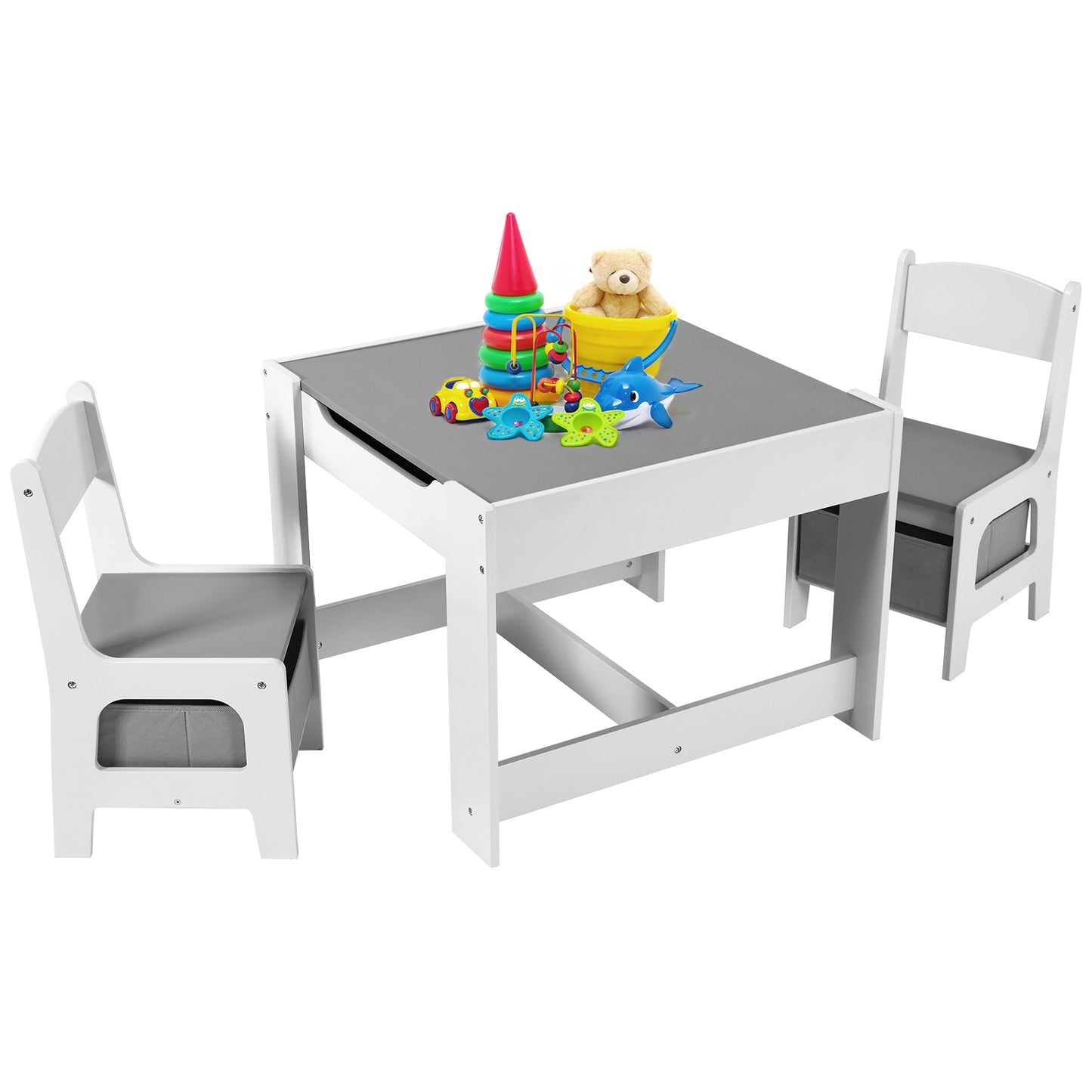 LAZY BUDDY Kids Table and 2 Chairs Set, 3-in-1 Toddler Wood Activity Play Table with Detachable Storage Drawer, for Children 2-8 Years