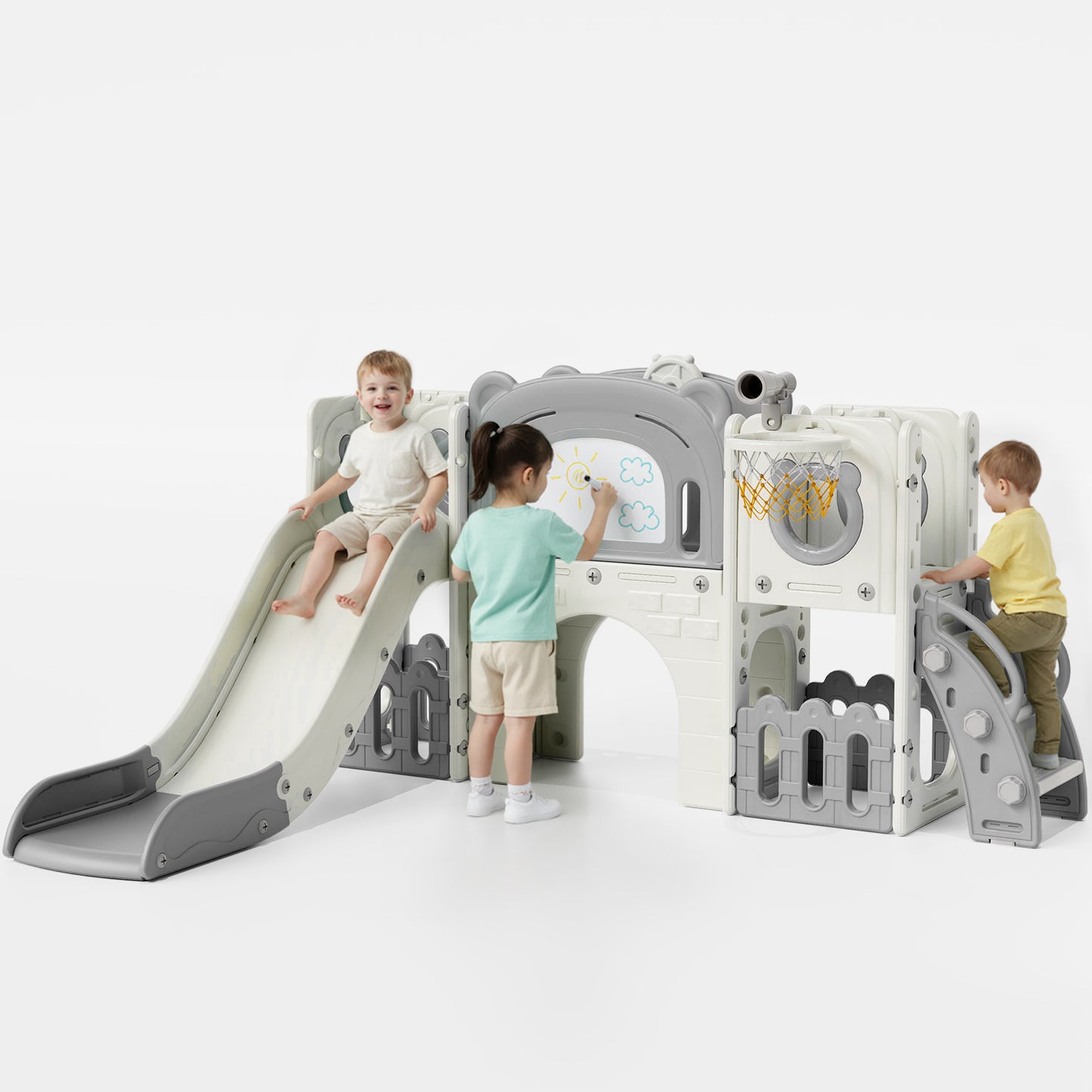 LAZY BUDDY 10 in 1 Toddler Slide, Freestanding Kids Slide and Climber Playset Indoor Outdoor Slide with Basketball Hoop, Telescope and Storage Space