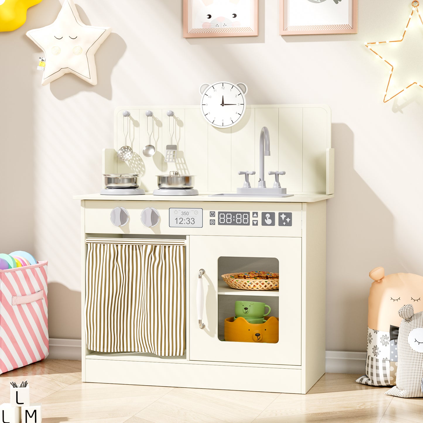 LAZY BUDDY Kids Play Kitchen, Wooden Kitchen Playset for Toddlers Interactive Pretend Play Toy with Clicking Knobs, Sink & Clock