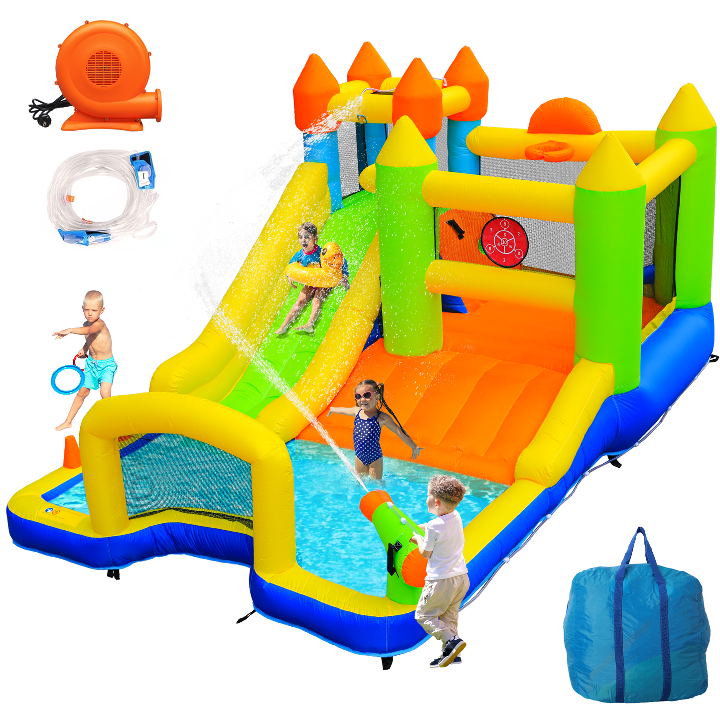 LAZY BUDDY Inflatable Water Slide Kids Bounce House with Splash Pool, Water Cannon, Climbing Wall, Blower & Basketball for Children Indoor / Outdoor Play