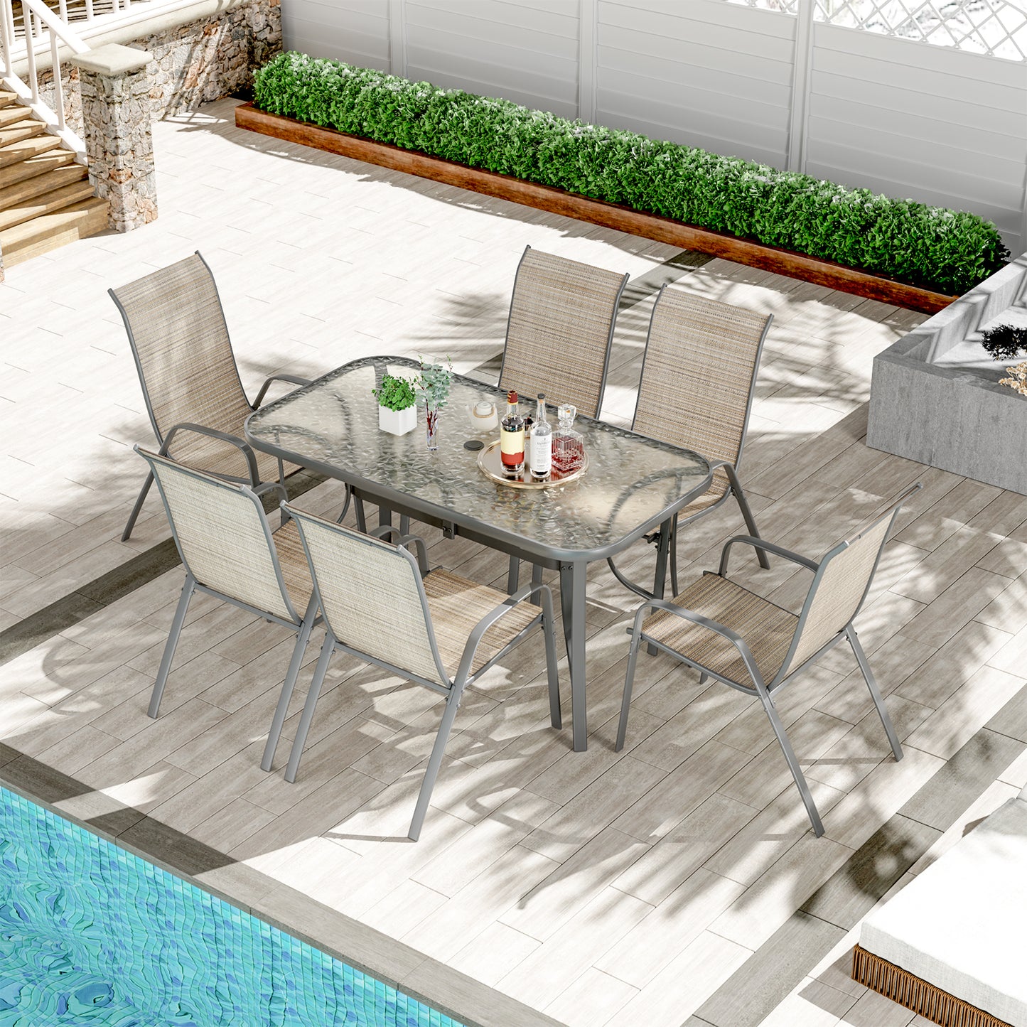 LAZY BUDDY Patio Dining Set of 7 with Umbrella Hole, Outdoor Furniture Table and 6 Textilene Chairs for Lawn, Backyard, Deck, 330LBS
