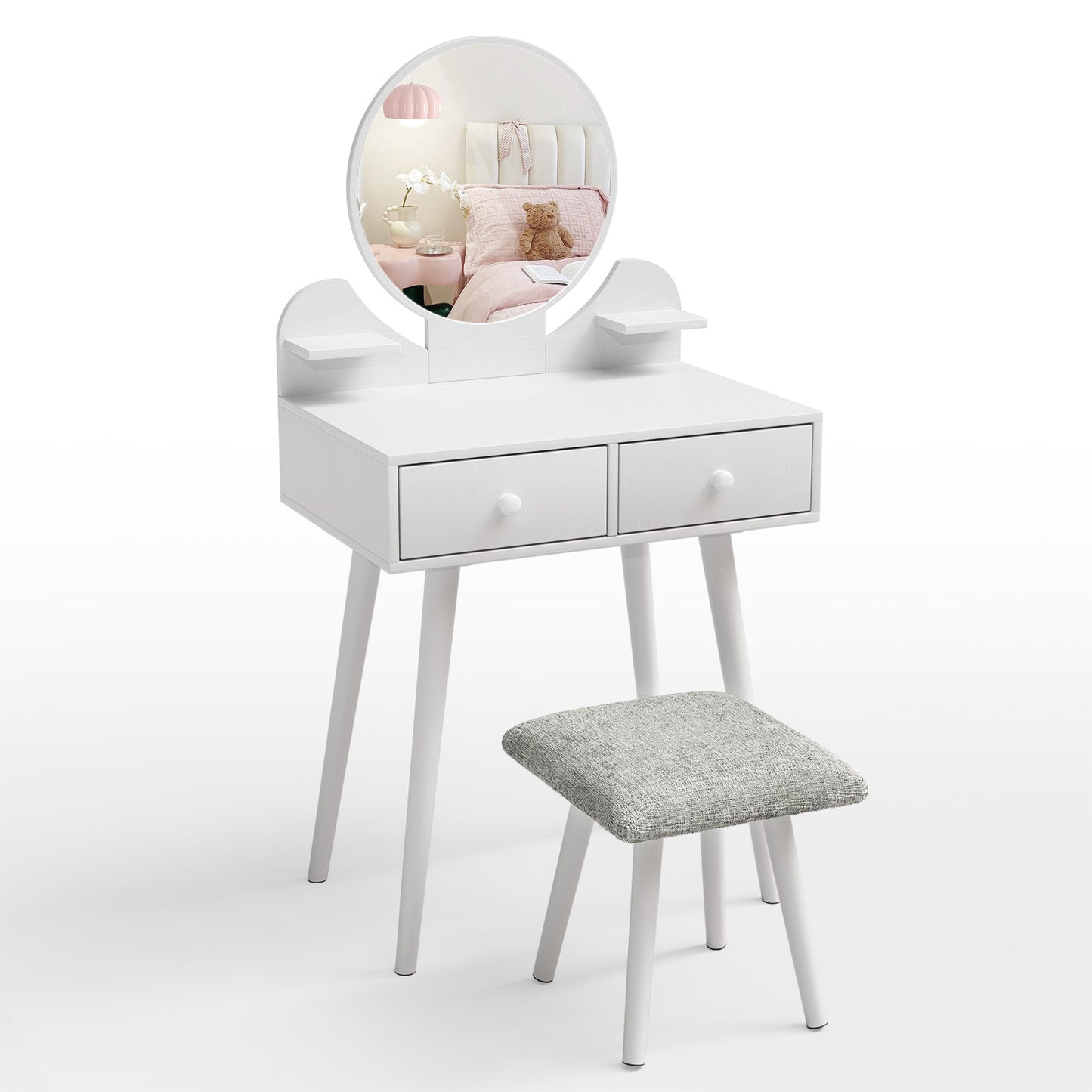 LAZY BUDDY Wooden Kids Vanity Set with Stool and Mirror, Girls Princess Makeup Desk Dressing Table with Drawers for Toddlers 3+