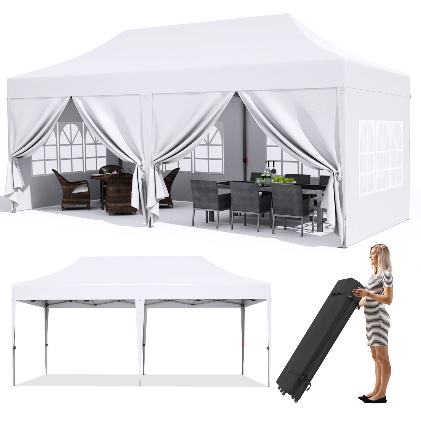 LAZY BUDDY 10' x 20' Ez Pop up Canopy Tent, Portable Commercial Folding Instant Shelter, Heavy Duty Canopy Gazebo Tent for Outdoor, White