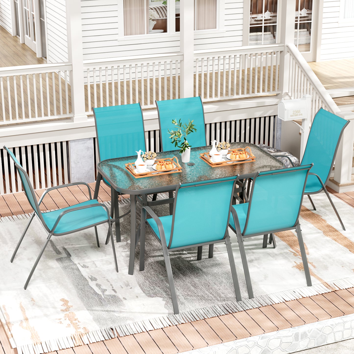 LAZY BUDDY Patio Dining Set of 7 with Umbrella Hole, Outdoor Furniture Table and 6 Textilene Chairs for Lawn, Backyard, Deck, 330LBS
