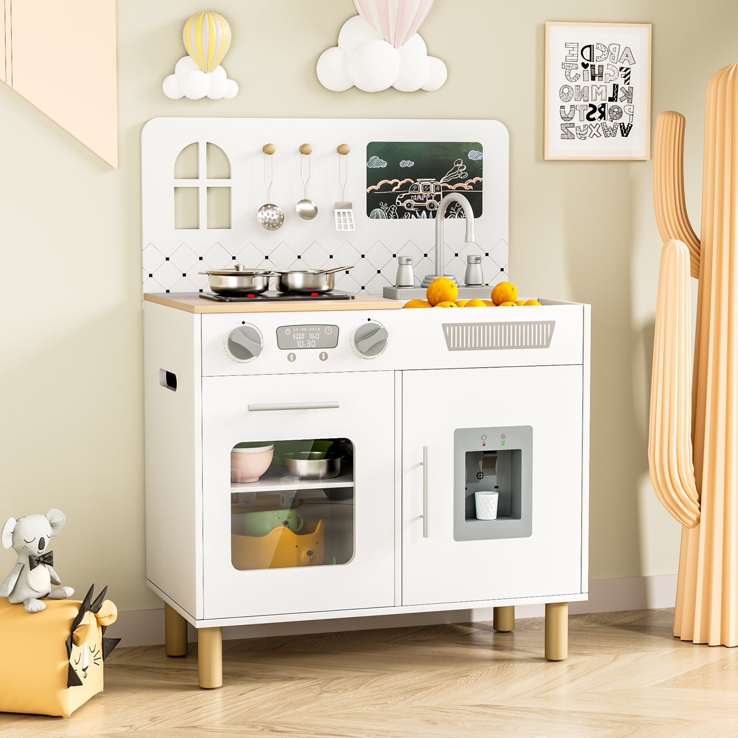 LAZY BUDDY Pretend Play Wooden Kids Kitchen Set, Toddler Toy Kitchen Playset with Graffiti Blackboard, Oven, Sink & Clicking Knobs