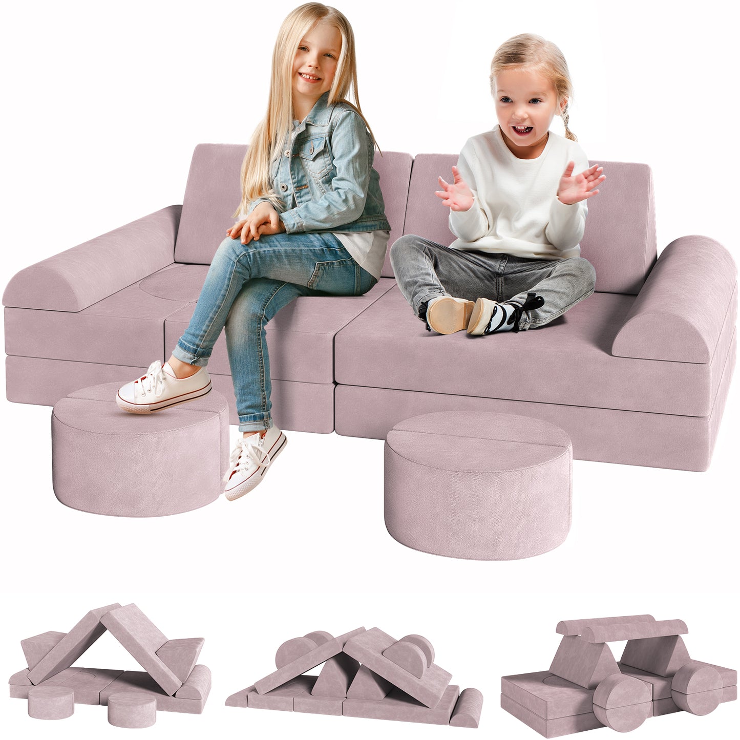 LAZY BUDDY 14 Pcs Modular Couch Toddler Play Sectional Sofa, Kids Convertible Foam and Floor Cushion for Boys and Girls