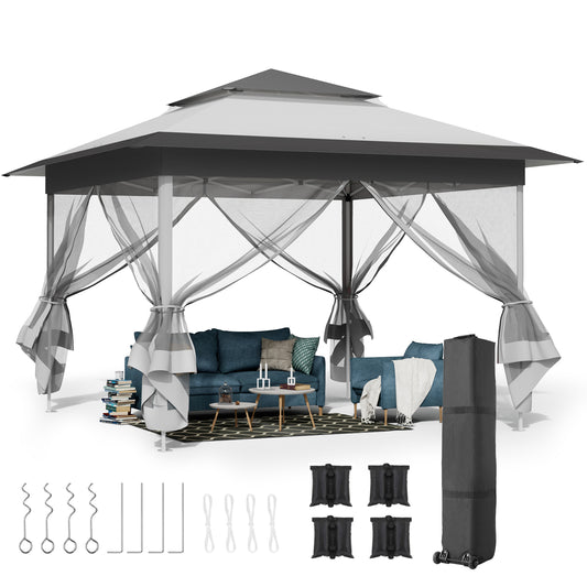 LAZY BUDDY Outdoor Pop Up Gazebo, 11' x 11' Screen House Room Tent, Folding Instant Shelter for Beach, Party and Camping, Gray