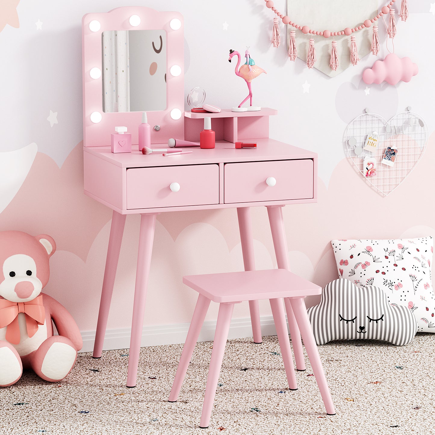 LAZY BUDDY Kids Vanity Set with Lights, Toddler Vanity Table with Mirror and Stool, Wooden Makeup Dressing Table for Children 3+