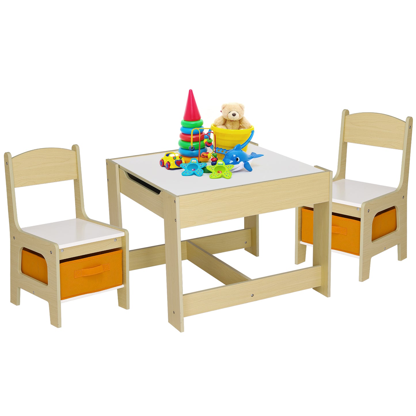 LAZY BUDDY Kids Table and 2 Chairs Set, 3-in-1 Toddler Wood Activity Play Table with Detachable Storage Drawer, for Children 2-8 Years