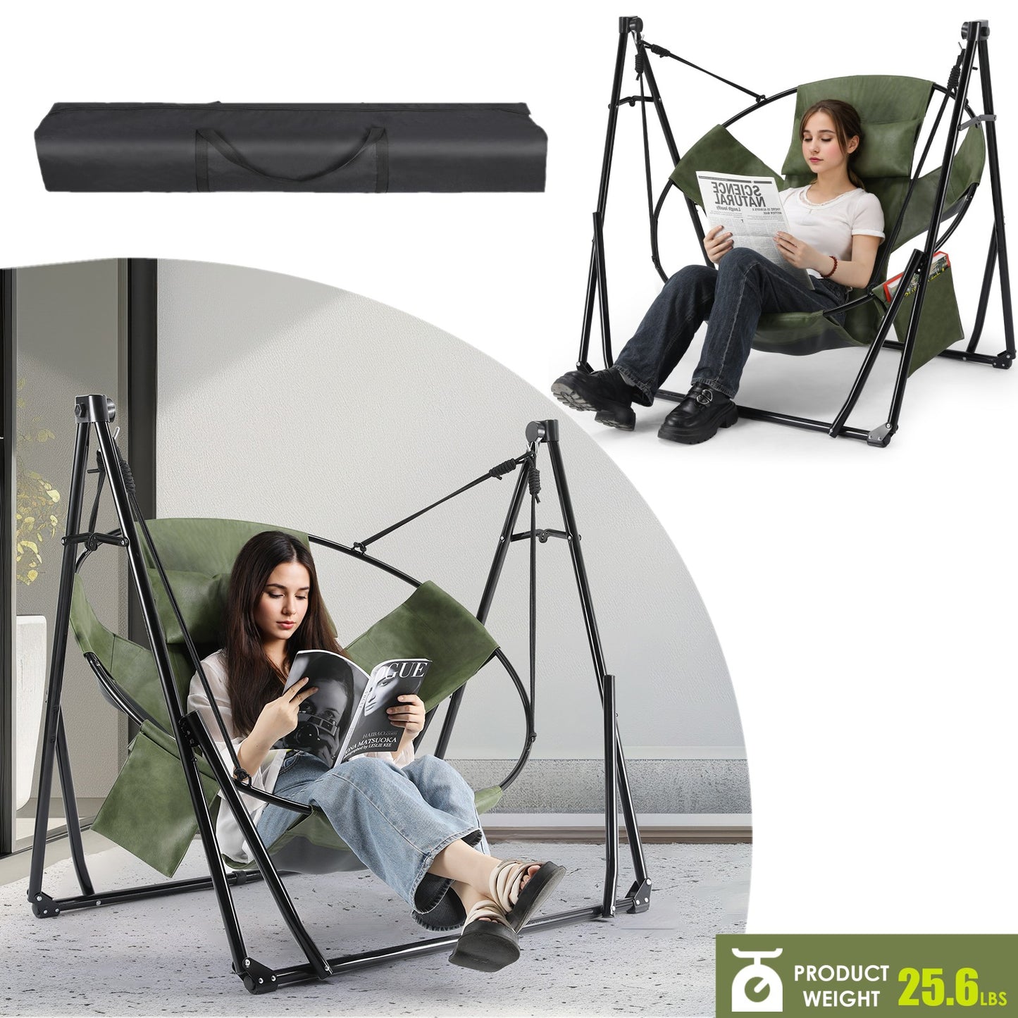 LAZY BUDDY 3 in 1 Collapsible PU Leather Swing Chair with 6-level Adjustable Hammock Stand, Steel Stand, Garden Yard Inhouse Outdoor 331lbs Capacity