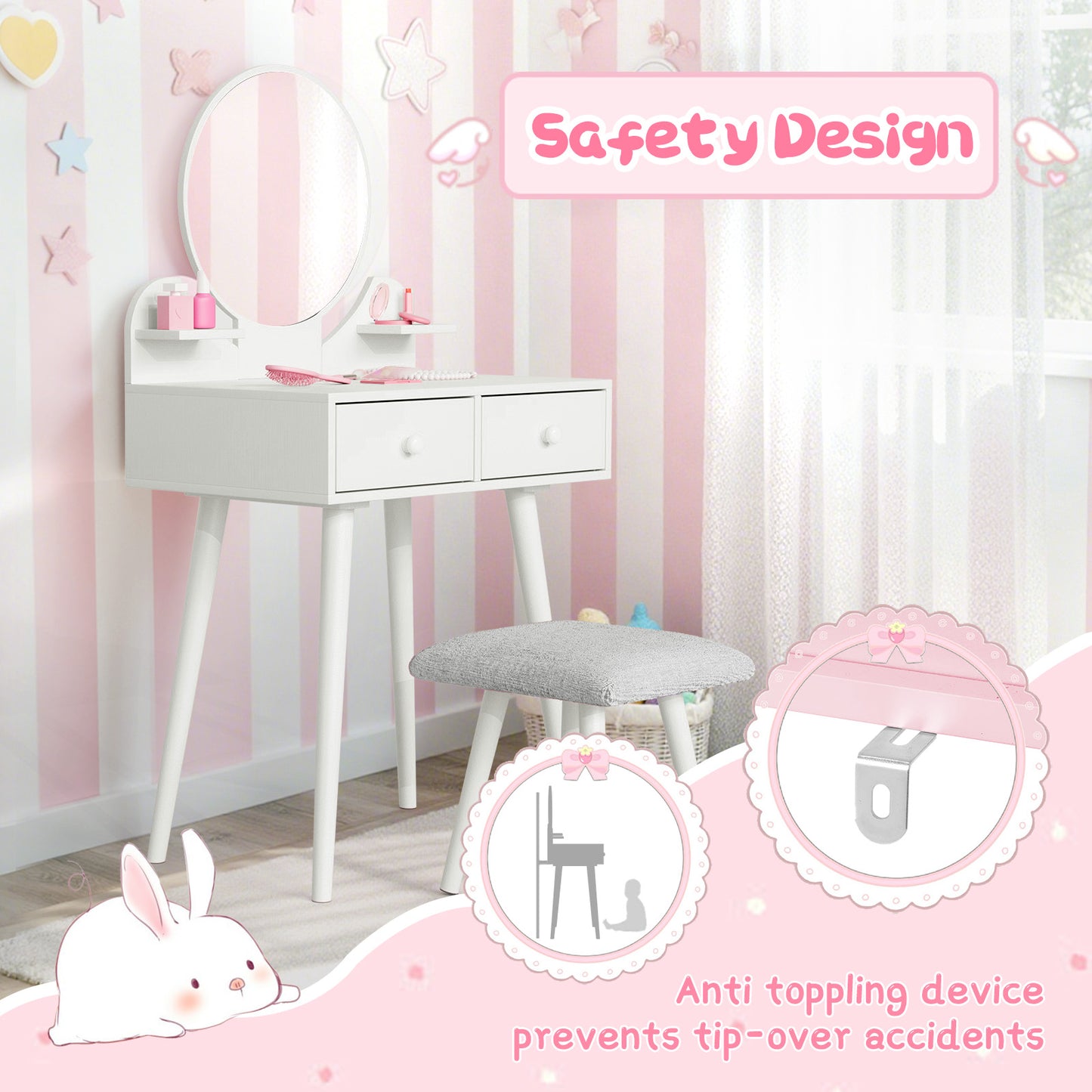 LAZY BUDDY Wooden Kids Vanity Set with Stool and Mirror, Girls Princess Makeup Desk Dressing Table with Drawers for Toddlers 3+