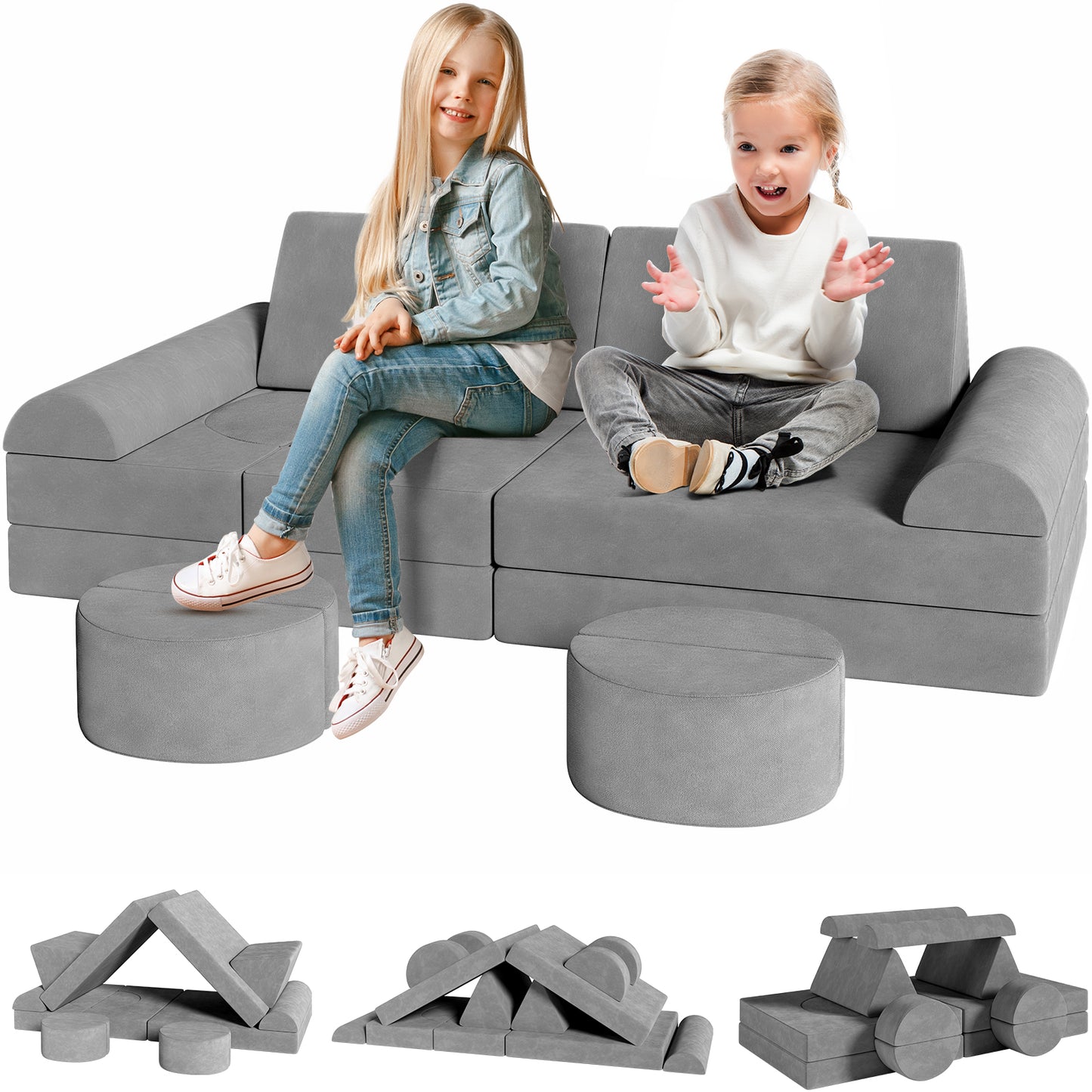 LAZY BUDDY 14 Pcs Modular Couch Toddler Play Sectional Sofa, Kids Convertible Foam and Floor Cushion for Boys and Girls