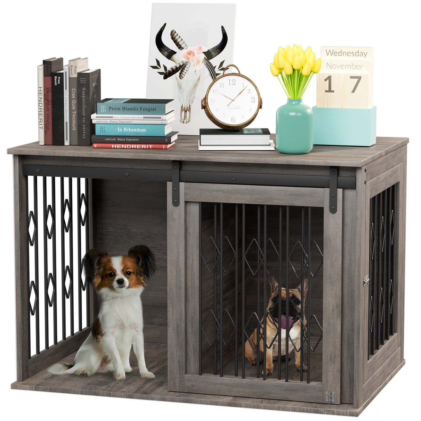 LAZY BUDDY 39.4" Dog Crate Furniture, Wooden Dog Kennel w/Sliding Door, Detachable Divider, and Flip-up Top