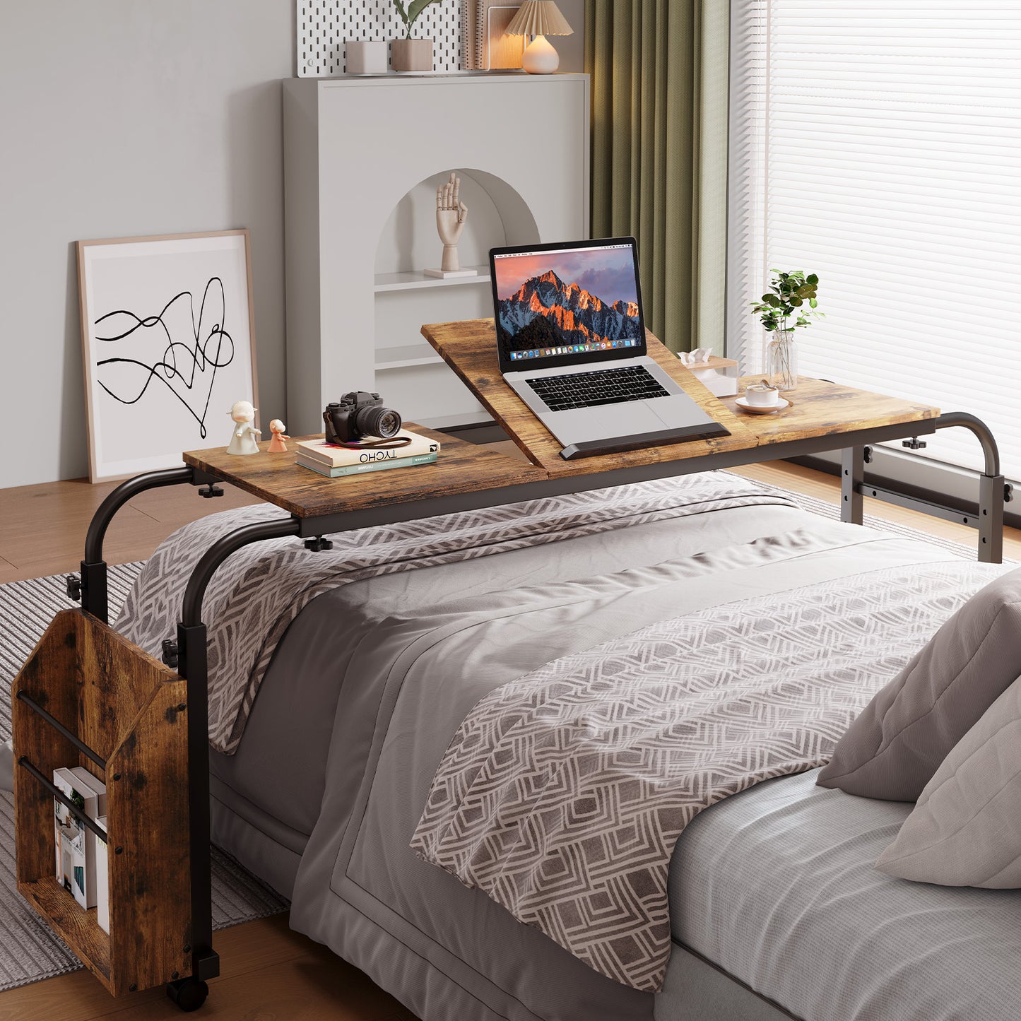 LAZY BUDDY Overbed Table with Wheels, Home Office Desk W/0-65°Tilt Stand for Laptop, Height/Width Adjustable Rolling Bed Desk (Height: 26.3" - 36.2" /Width: 60.6" - 84.2")