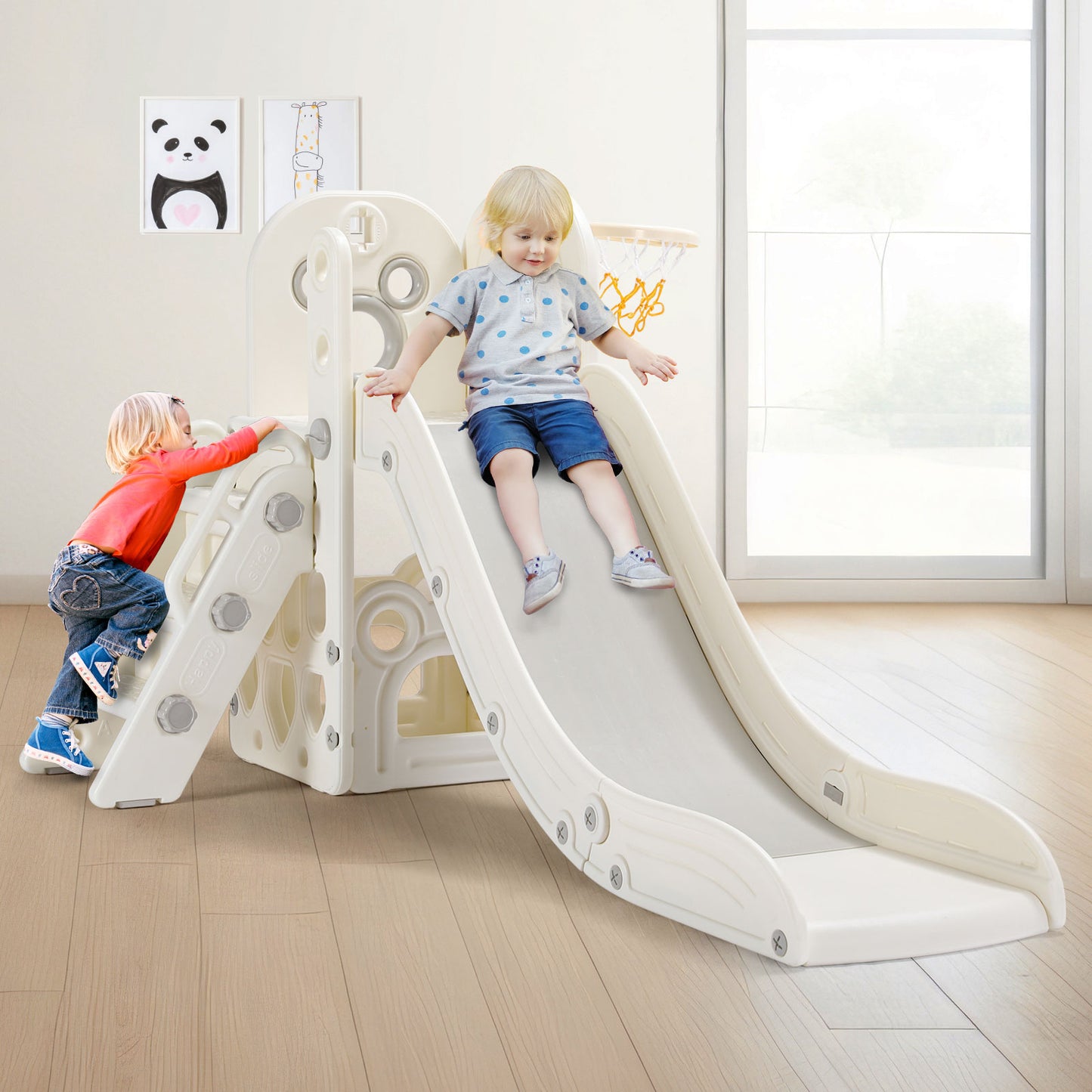 LAZY BUDDY Toddler Slide, 4-in-1 Kids Slide Play Climber, Freestanding Slide with Basketball Hoop, Baby Playset Indoor Outdoor Children Toys for Boys Girls White