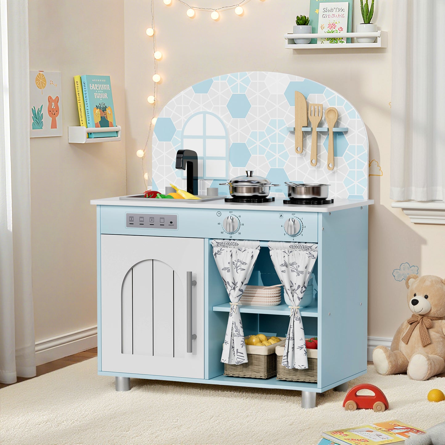 LAZY BUDDY Kids Kitchen Playset, Wooden Pretend Play Kitchen Toddler Interactive Toy with 5 Accessories