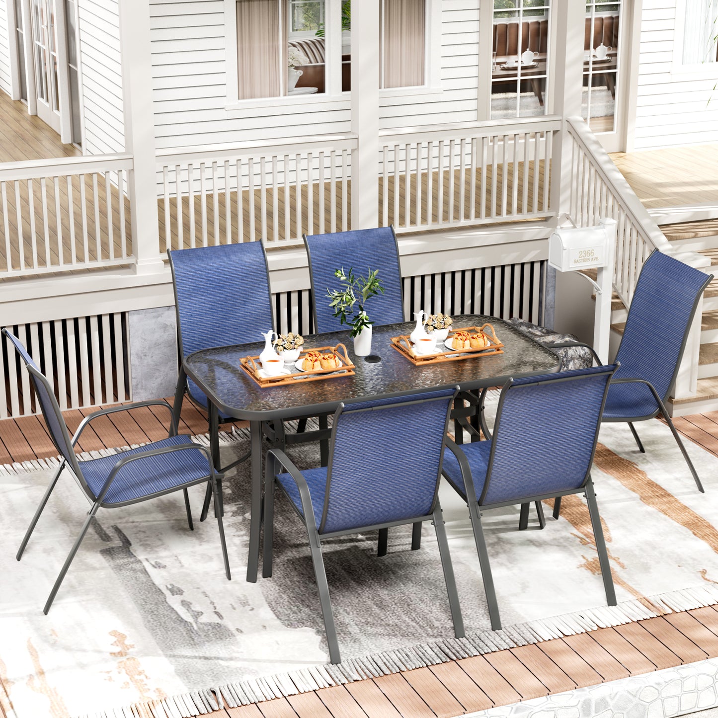 LAZY BUDDY Patio Dining Set of 7 with Umbrella Hole, Outdoor Furniture Table and 6 Textilene Chairs for Lawn, Backyard, Deck, 330LBS