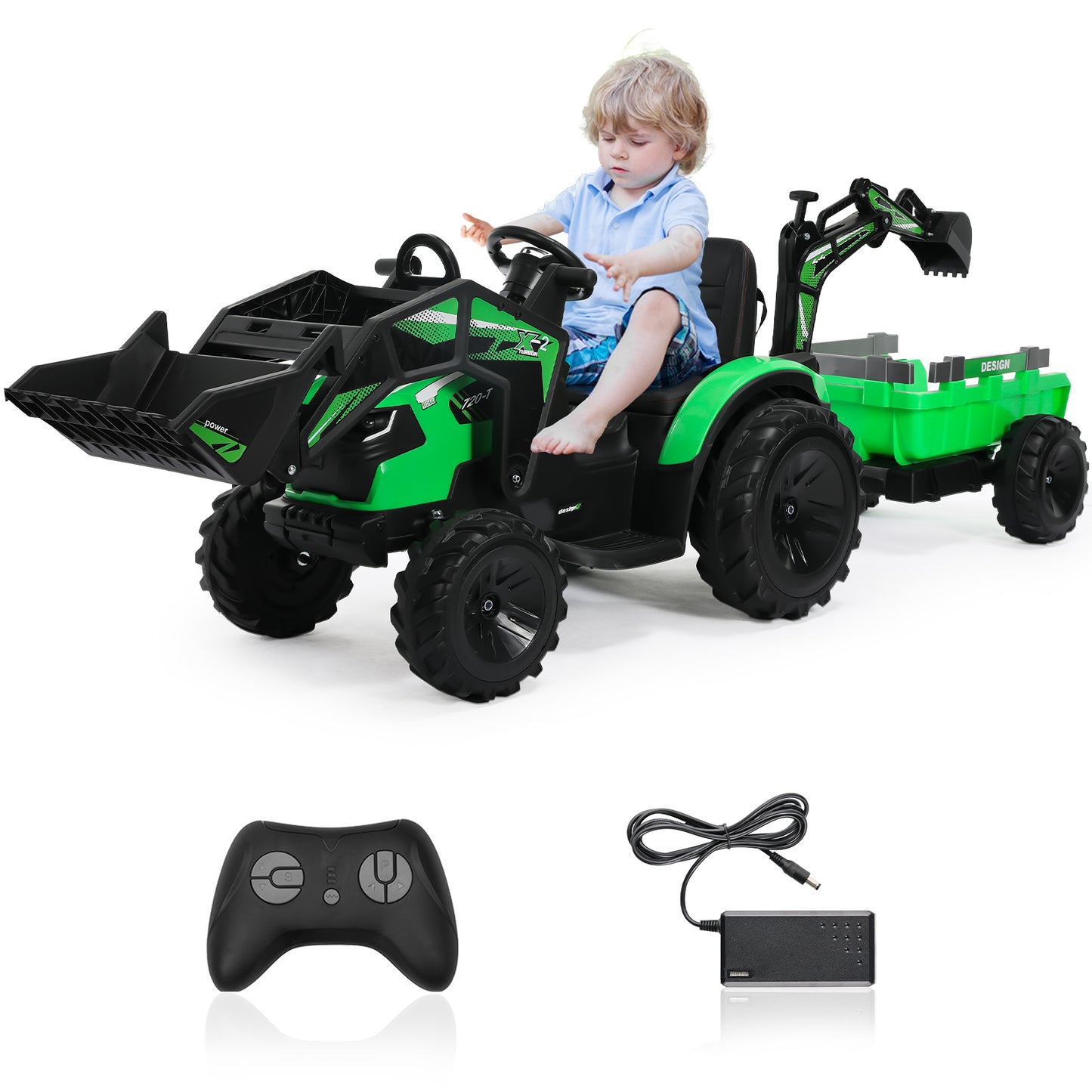 LAZY BUDDY 24V Kids Ride on Toy, 3 in 1 Toddler Electric Tractor, Excavator & Bulldozer w/Trailer, Digger, Shovel Bucket, Remote Control, EVA Tires, Xmas Gift for Kids