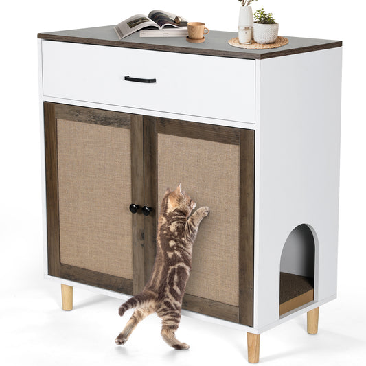 LAZY BUDDY Cat Litter Box Enclosure, Wooden Hidden Litter Box Furniture with Large Drawer and 2 Sisal Doors