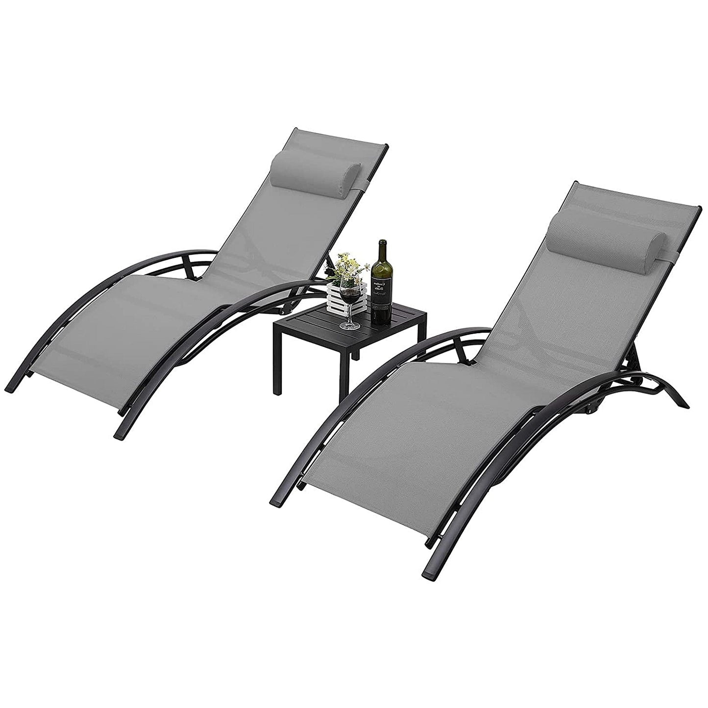 GARTIO 3 Pieces Aluminum Chaise Lounge Chair Set for Outdoor Patio, Yard, Beach, Pool Adjustable Recliner with Side Table