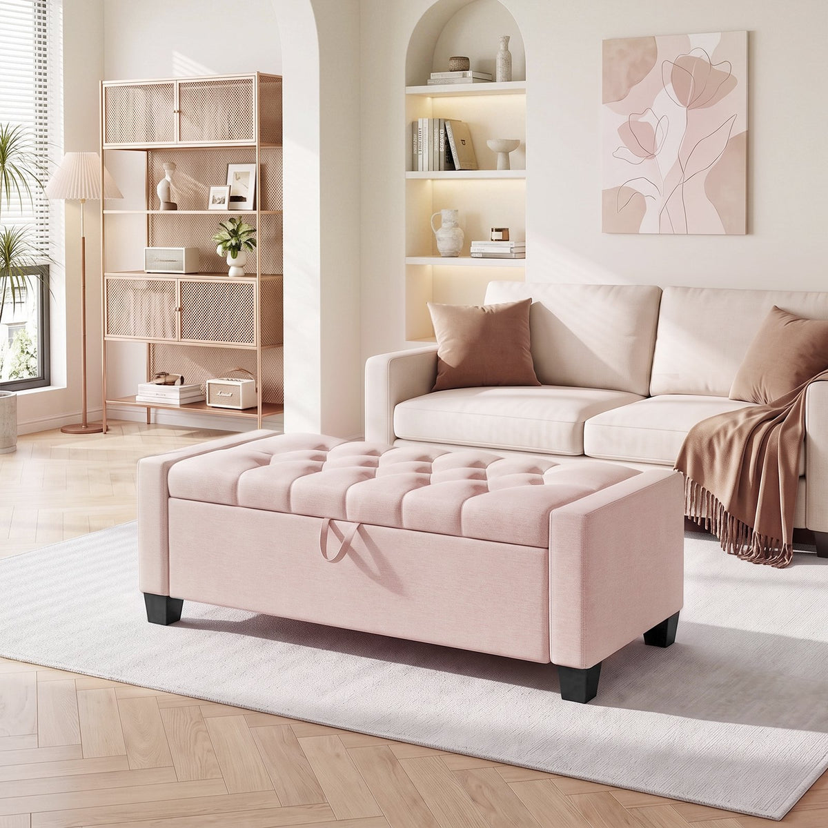 LAZY BUDDY 48'' Ottoman with Storage, Upholstered Storage Ottoman Bench with Safety Hinge, for Bedroom, Living Room, Entryway
