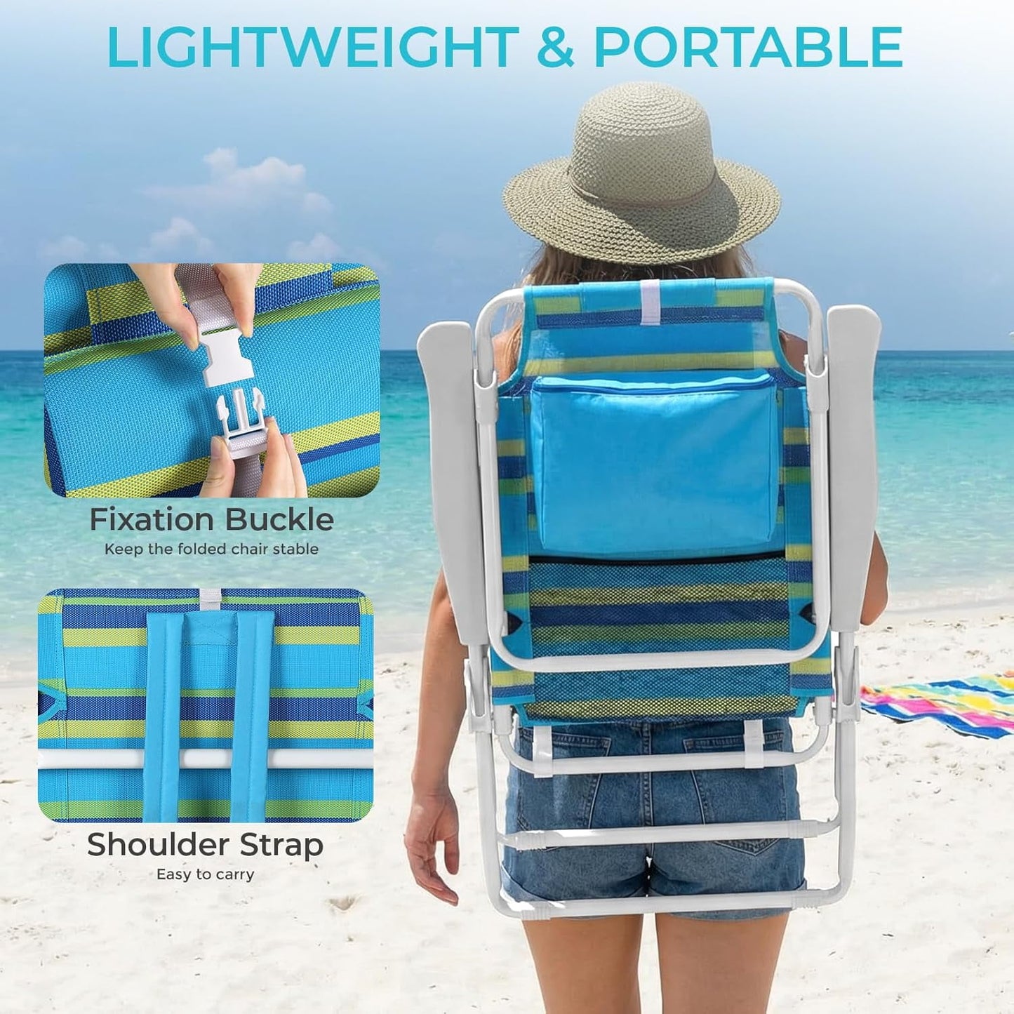 LAZY BUDDY 15.7'' Tall Backpack Beach Chairs for Adults, Portable Folding Beach Camping Chair, 1 Pack