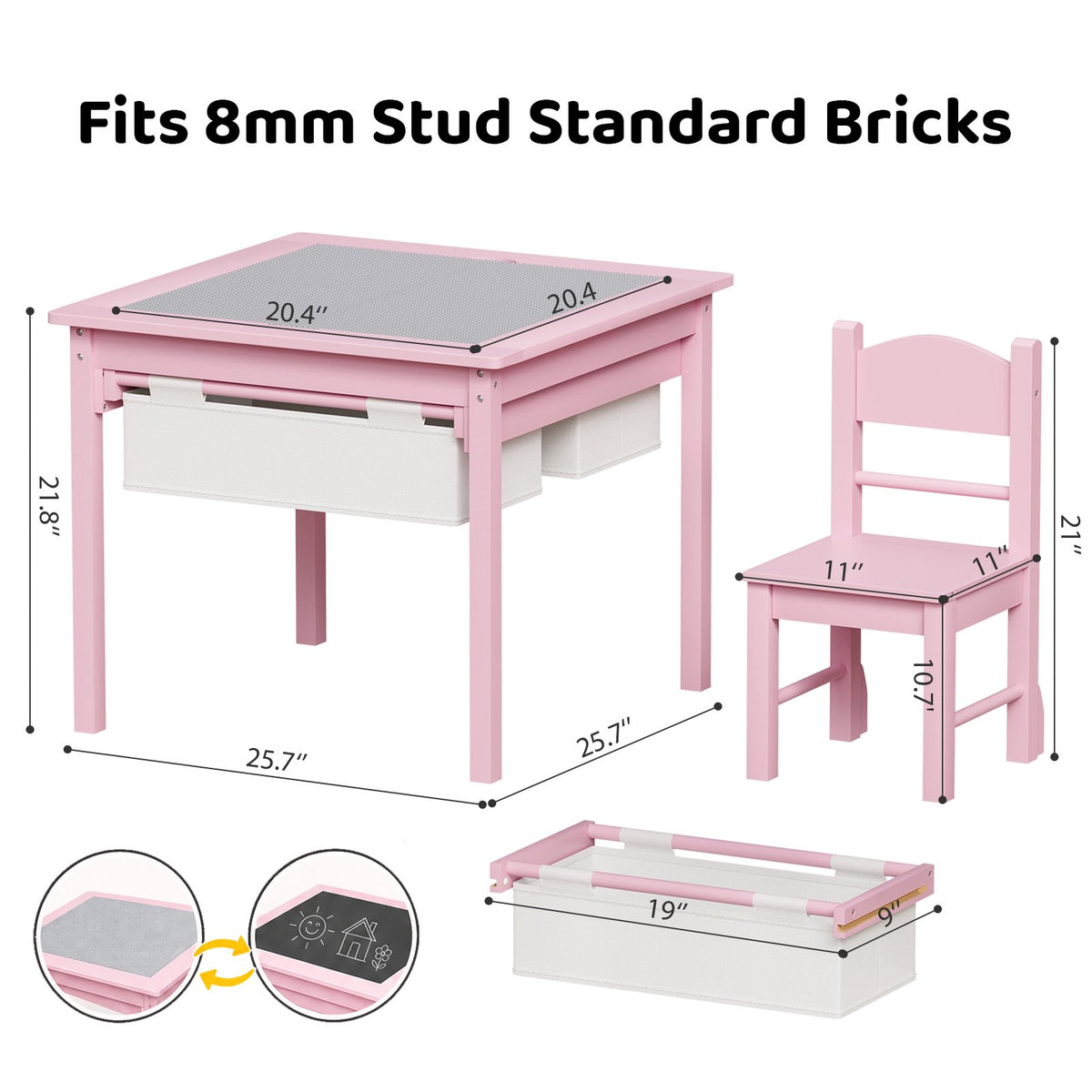 LAZY BUDDY Wooden Toddler Table and Chairs Set, Kids Play Activity Table Set with Reversible Tabletop & 2 Storage Drawers, for Drawing Reading Dining
