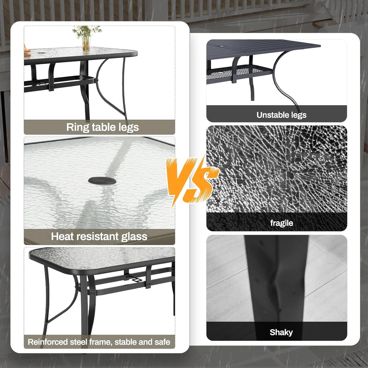 LAZY BUDDY Patio Table with 1.69'' Umbrella Hole, Rectangular Outdoor Dining Table with Tempered Glass Tabletop for 6, for Balcony Garden Deck