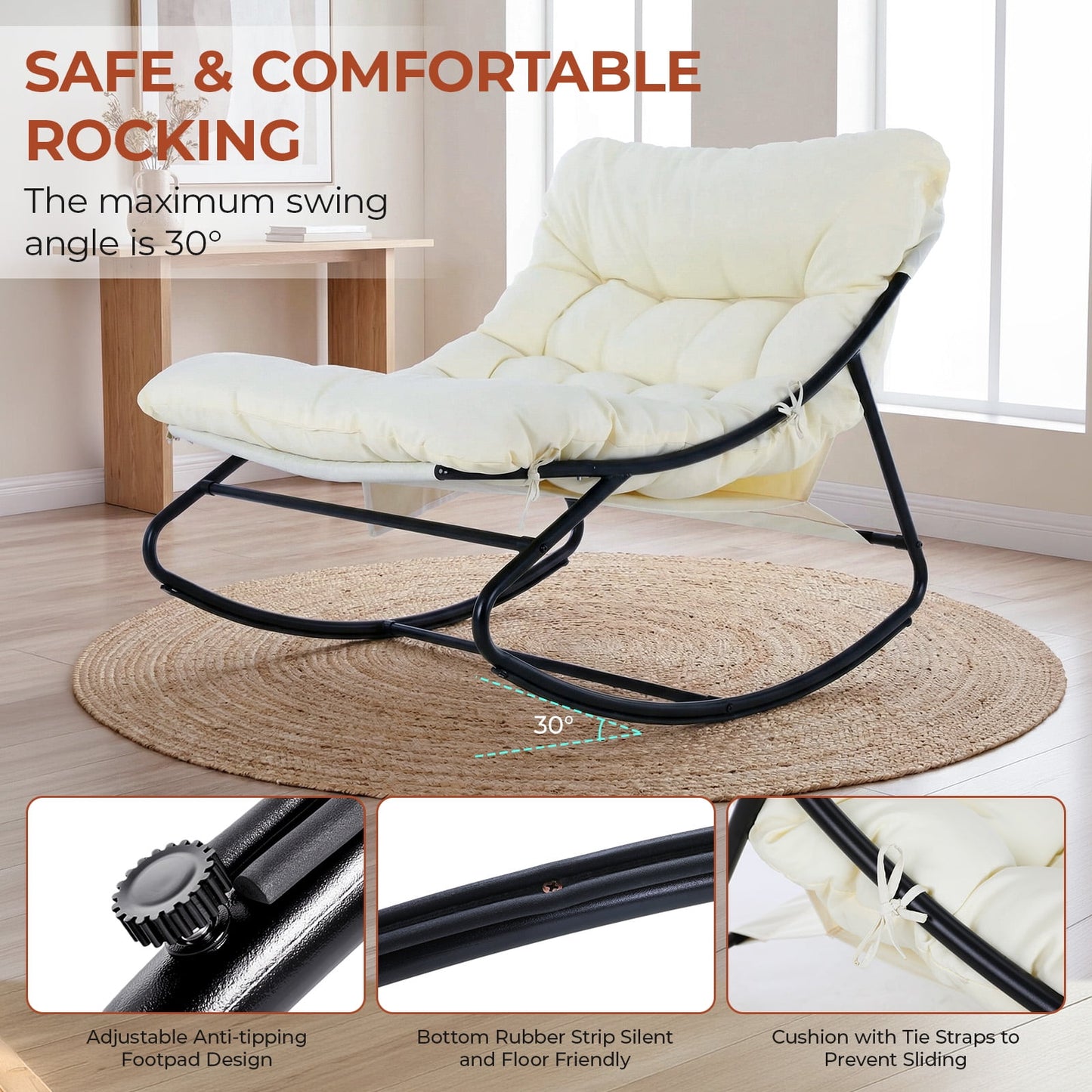 LAZY BUDDY Oversized Outdoor Rocking Chair, Comfy Papasan Rocker Chair with Thick Cushions for Living Room, Bedroom, Balcony, Patio