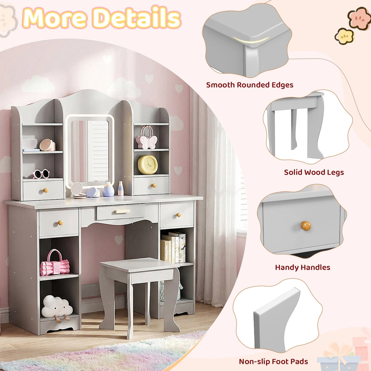LAZY BUDDY Wooden Kids Vanity Table with Lights, Mirror and Stool, 2 in 1 Toddler Pretend Play Dressing Table with Drawers & Open Shelves for Little Girls