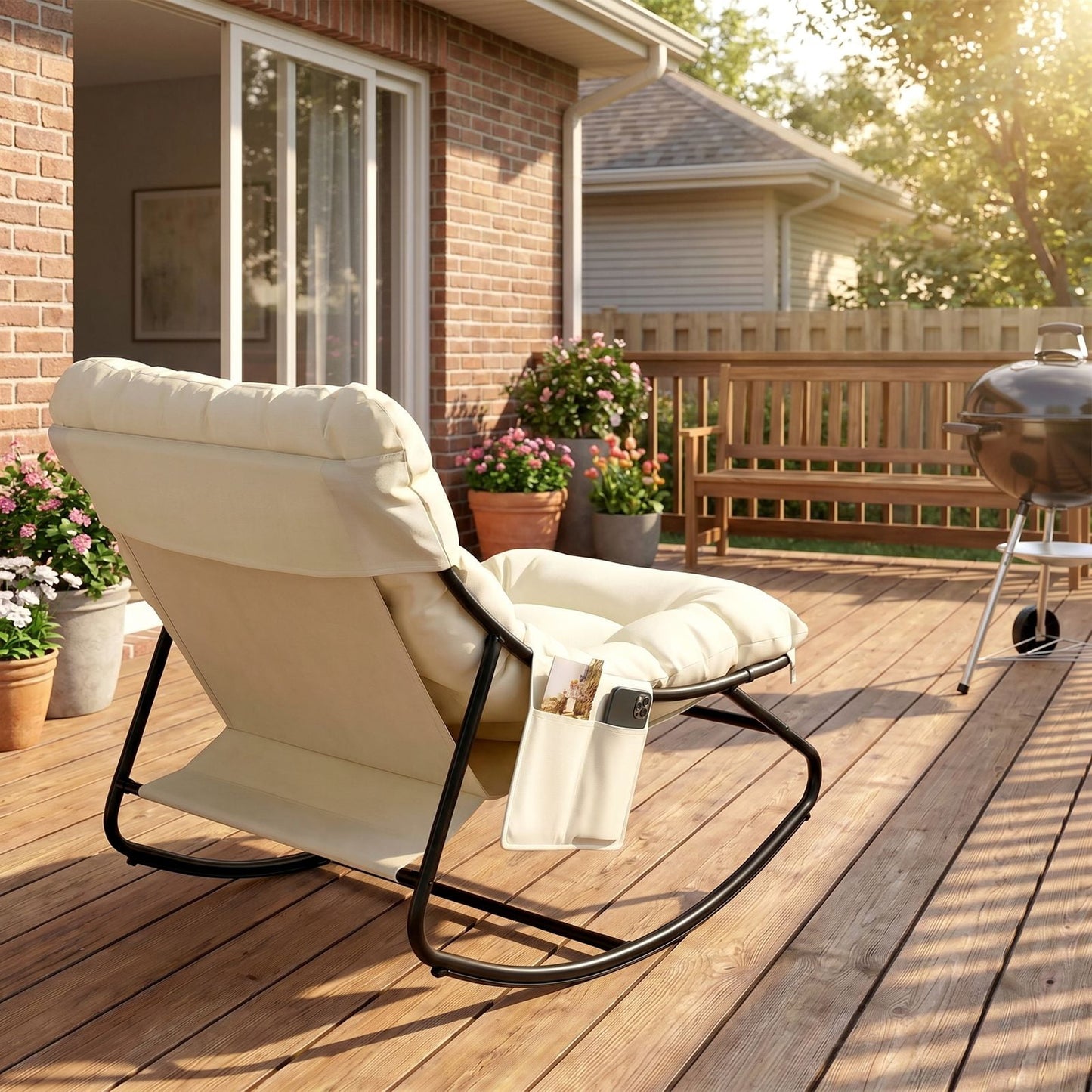 LAZY BUDDY Oversized Outdoor Rocking Chair, Comfy Papasan Rocker Chair with Thick Cushions for Living Room, Bedroom, Balcony, Patio