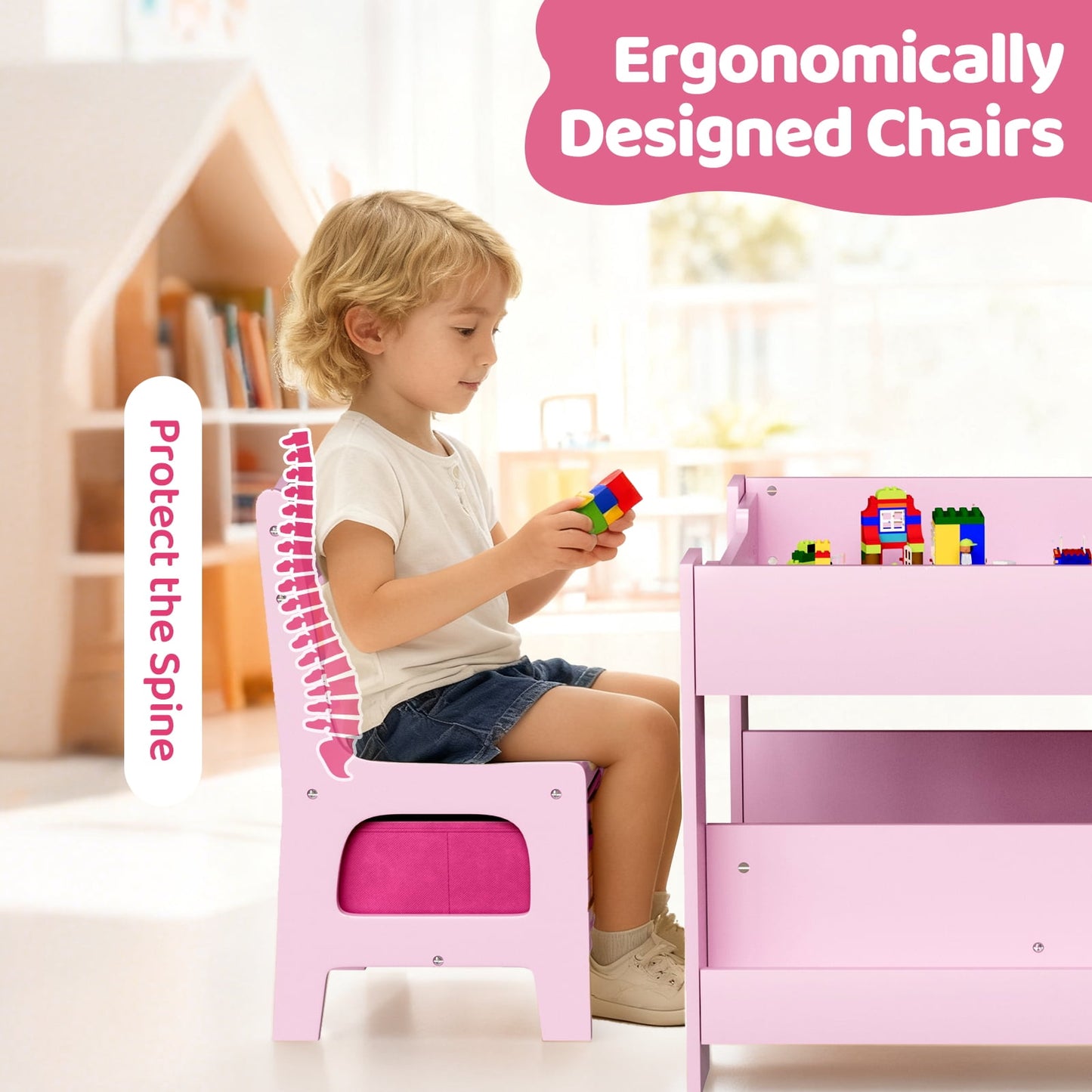 LAZY BUDDY Kids Table and Chairs Set, Toddler Desk with Storage Drawer, Wooden Activity Table Set with Detachable Tabletop, Bookshelf for Classroom/Home/Nursery