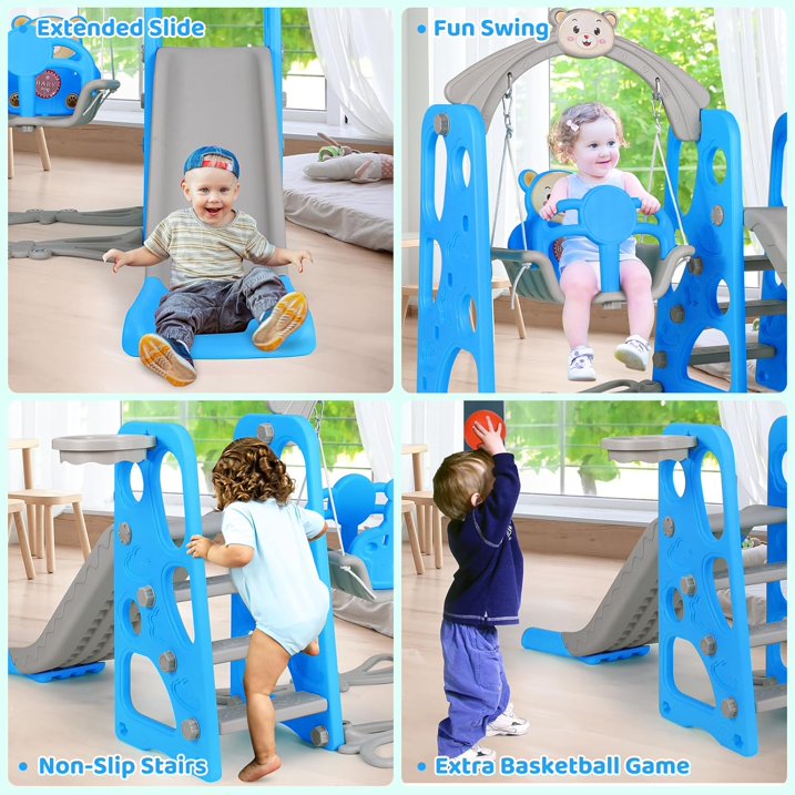 LAZY BUDDY Toddler Slide and Swing Set, 4 in 1 Kids Slide Playset with Basketball Hoop, HDPE Freestanding Playset for In/Outdoor, Blue