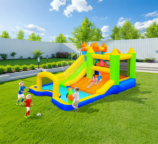 LAZY BUDDY Inflatable Water Slide Kids Bounce House with Splash Pool, Water Cannon, Climbing Wall, Blower & Basketball for Children Indoor / Outdoor Play