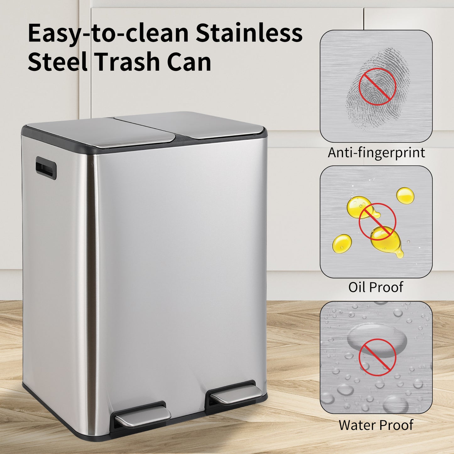 LAZY BUDDY 16 Gal Dual Kitchen Trash Can 2 x 30L Rectangular Stainless Steel Garbage Bin Recycle Waste Dustbin W/ 2 Built-in Odor Control Box