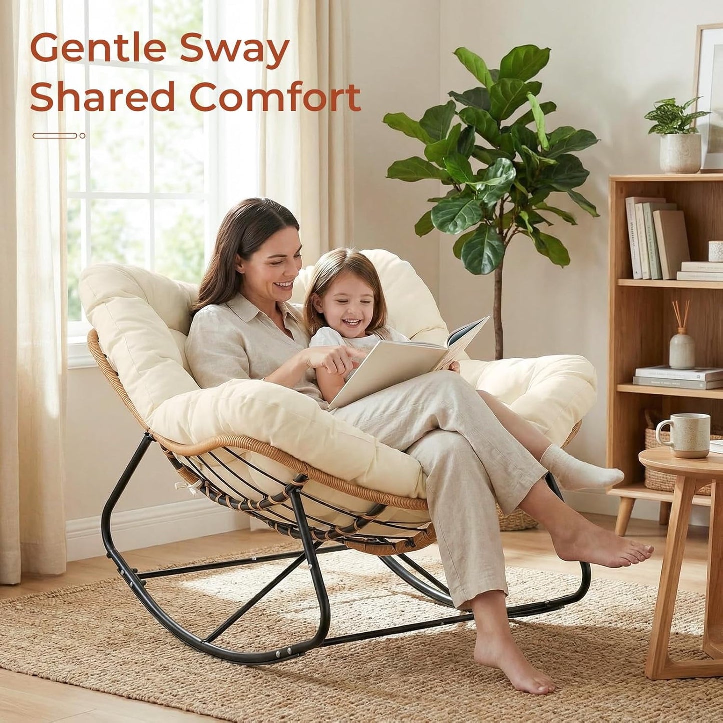 LAZY BUDDY Outdoor Papasan Rocking Chair, Oversized Lounge Chair Rocker with Thick Cushion, for Patio, Balcony, Porch and Indoor