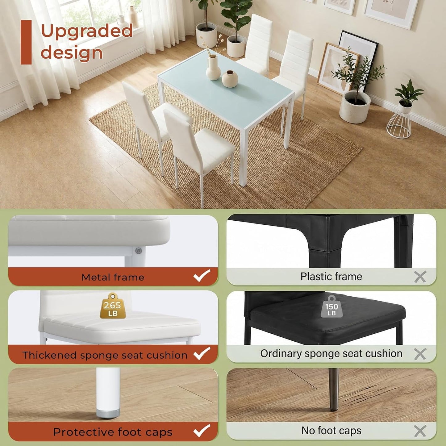 LAZY BUDDY 5-Piece Kitchen Dining Table Set, Modern Table and 4 Faux Leather Chairs with Tempered Glass Tabletop for Dining Room