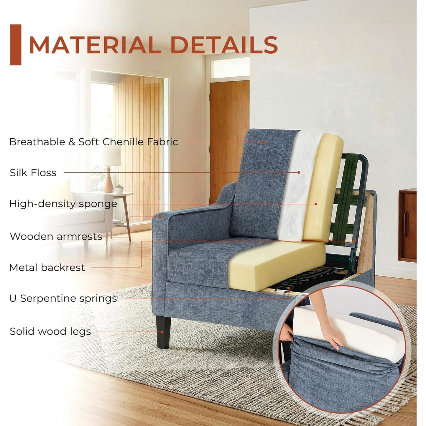 LAZY BUDDY Comfy Accent Chair for Living Room Bedroom and Waiting Room, Upholstered Mid-Century Reading Chair with Removable Cover & Wood Legs, Wide Singe Modern Lounge Sofa