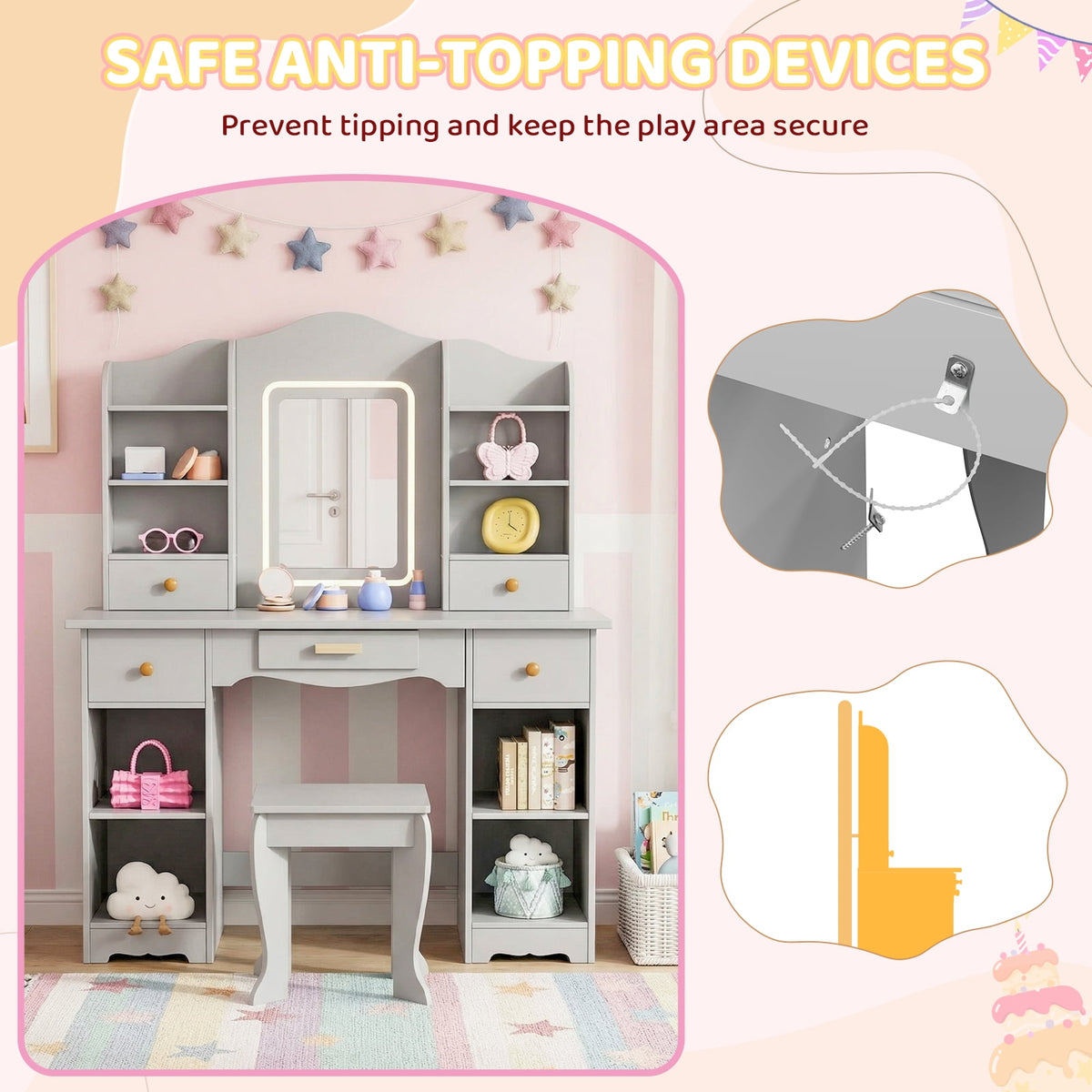 LAZY BUDDY Wooden Kids Vanity Table with Lights, Mirror and Stool, 2 in 1 Toddler Pretend Play Dressing Table with Drawers & Open Shelves for Little Girls
