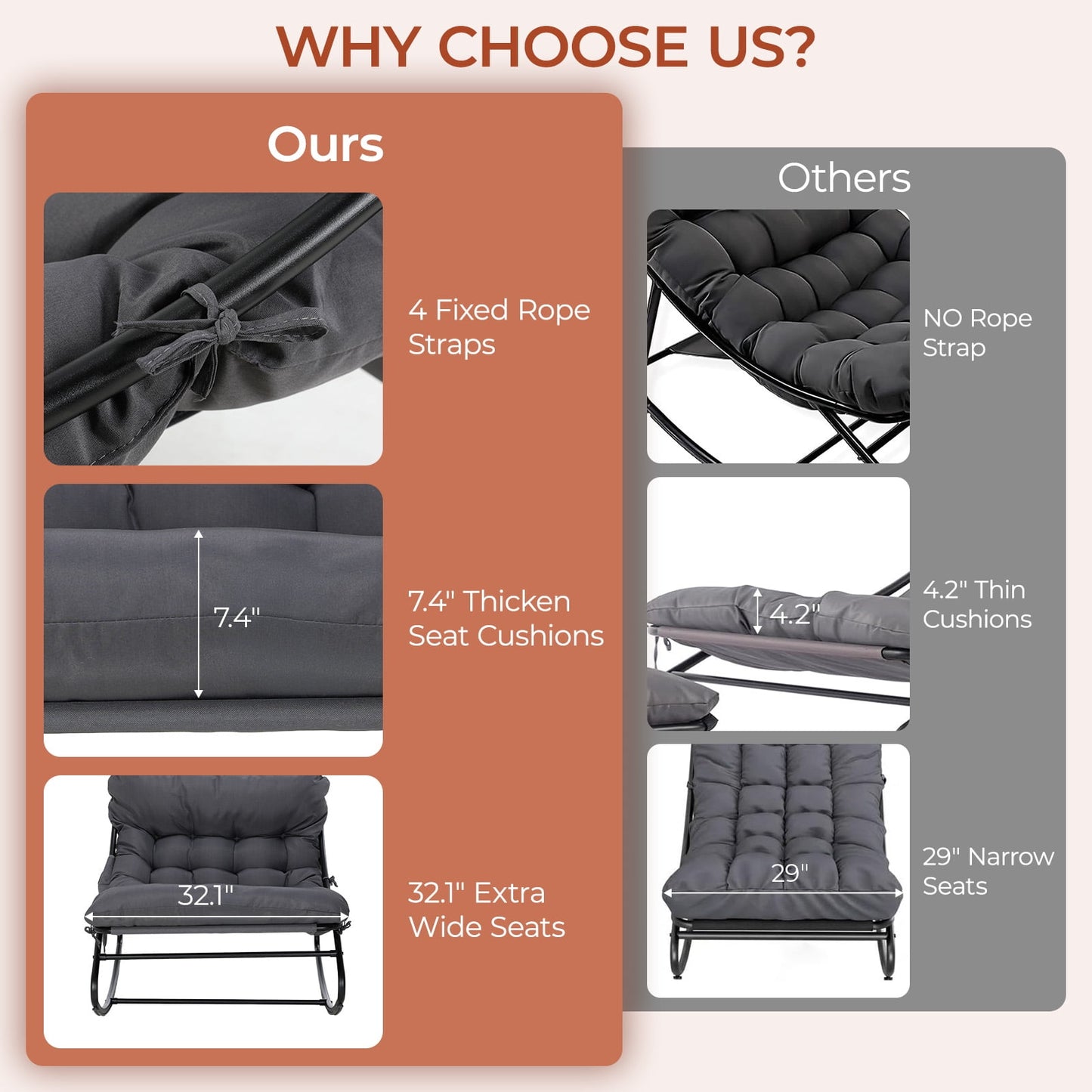 LAZY BUDDY Oversized Outdoor Rocking Chair, Comfy Papasan Rocker Chair with Thick Cushions for Living Room, Bedroom, Balcony, Patio
