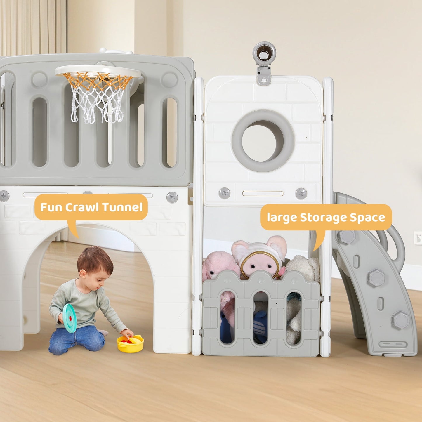 LAZY BUDDY Freestanding Toddler Slide, Kids Slide Climber Playset, Plastic Baby Slide with Basketball Hoop, Telescope, Tunnel, Storage Space, Anti-Slip Steps, Indoor Outdoor Playground for Ages 3+