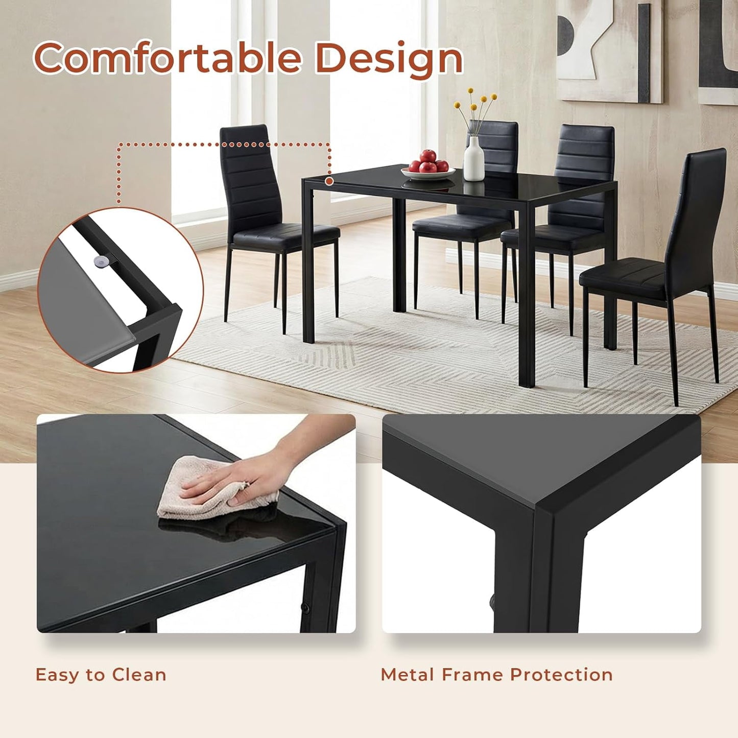 LAZY BUDDY 5-Piece Kitchen Dining Table Set, Modern Table and 4 Faux Leather Chairs with Tempered Glass Tabletop for Dining Room