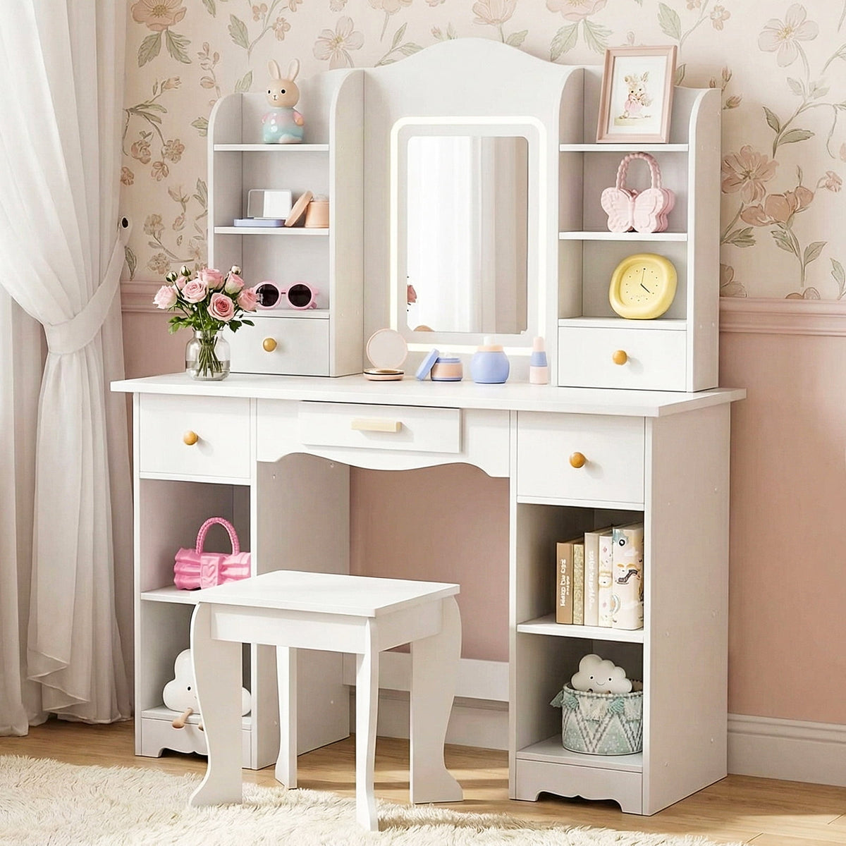 LAZY BUDDY Wooden Kids Vanity Table with Lights, Mirror and Stool, 2 in 1 Toddler Pretend Play Dressing Table with Drawers & Open Shelves for Little Girls
