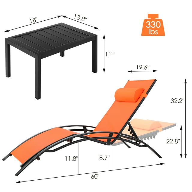 LAZY BUDDY 3pcs Outdoor Beach Pool Chaise Lounge Chairs, Sunbathing Lounger Recliner Chair with Side Table